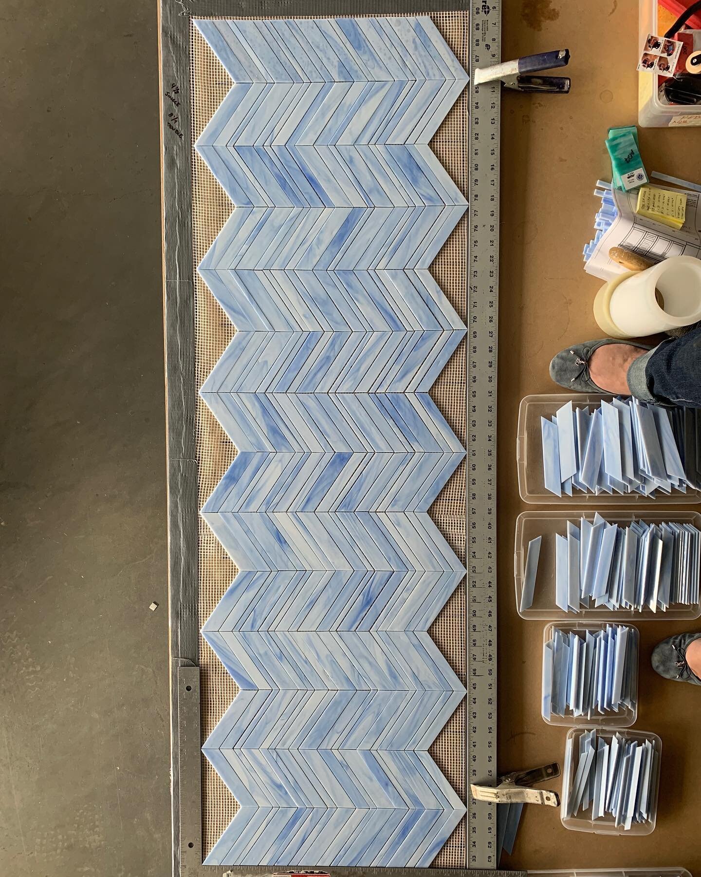 Our powder blue Zig Zag pattern waiting to get taped up and shipped 💙 by @mixedupmosaic 
.
.
.
#mixedupmosaic #handmade #mosaic #madeinbrookyn  #custommosaics #mosaic 
#glasstile #madeintheusa