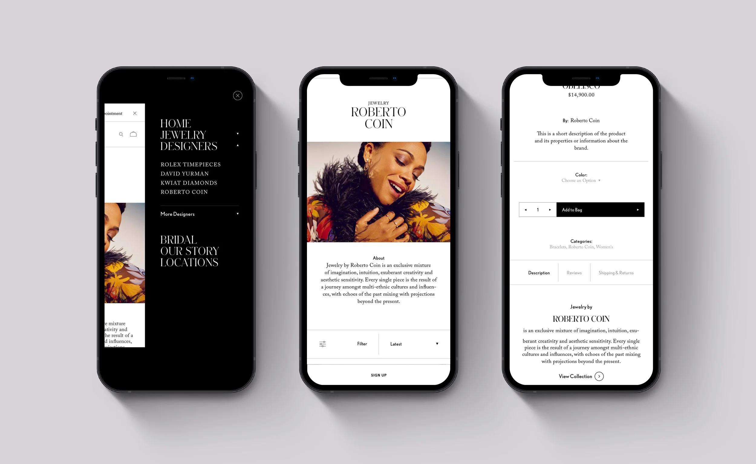 mobile web design and brand identity for jewelry shop