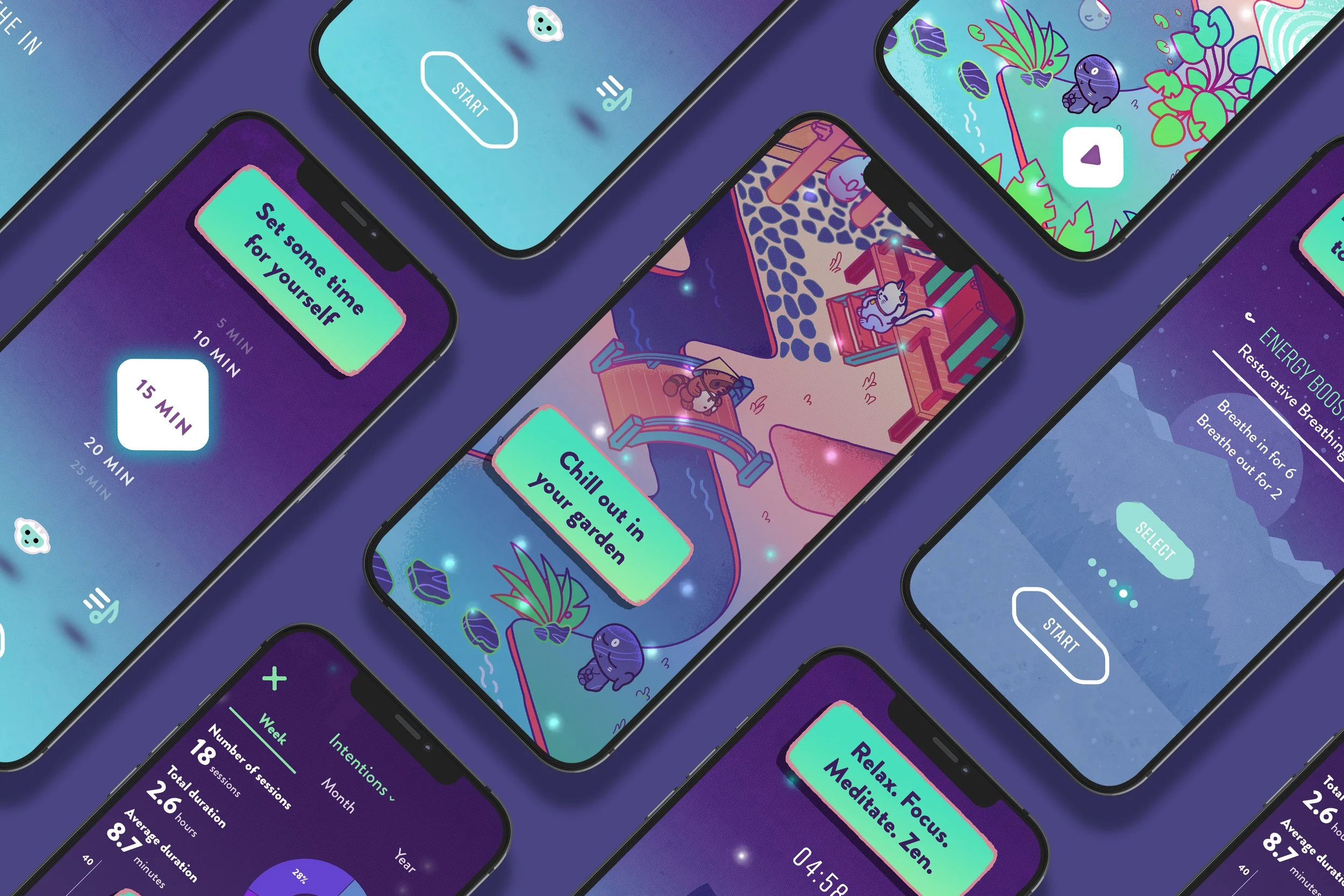 app design, illustration, and identity design for Melly meditation app