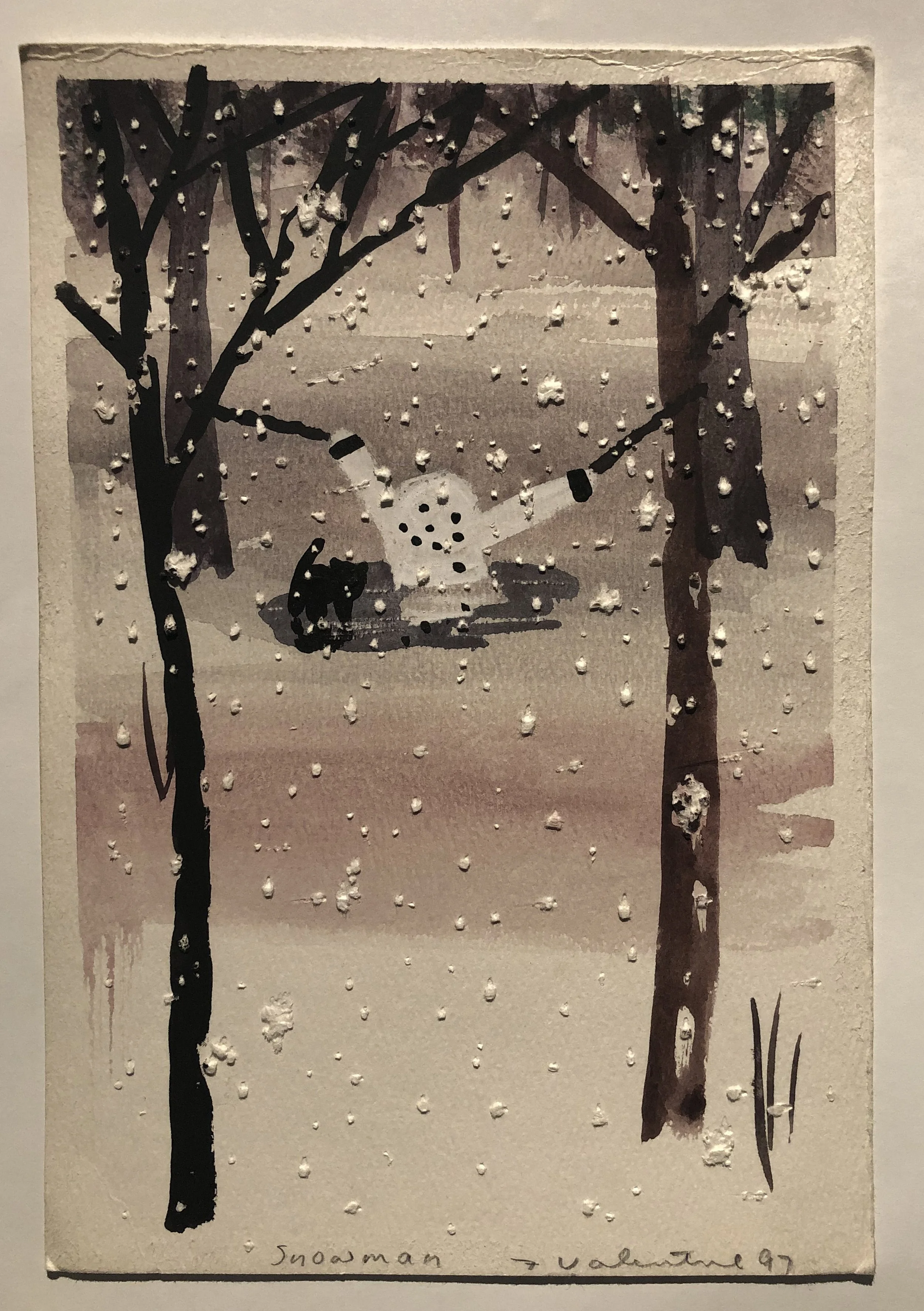 "Snowman" Gouache on disrupted paper, 10 1/2 x 7 1/2,  Unframed,  $225.00