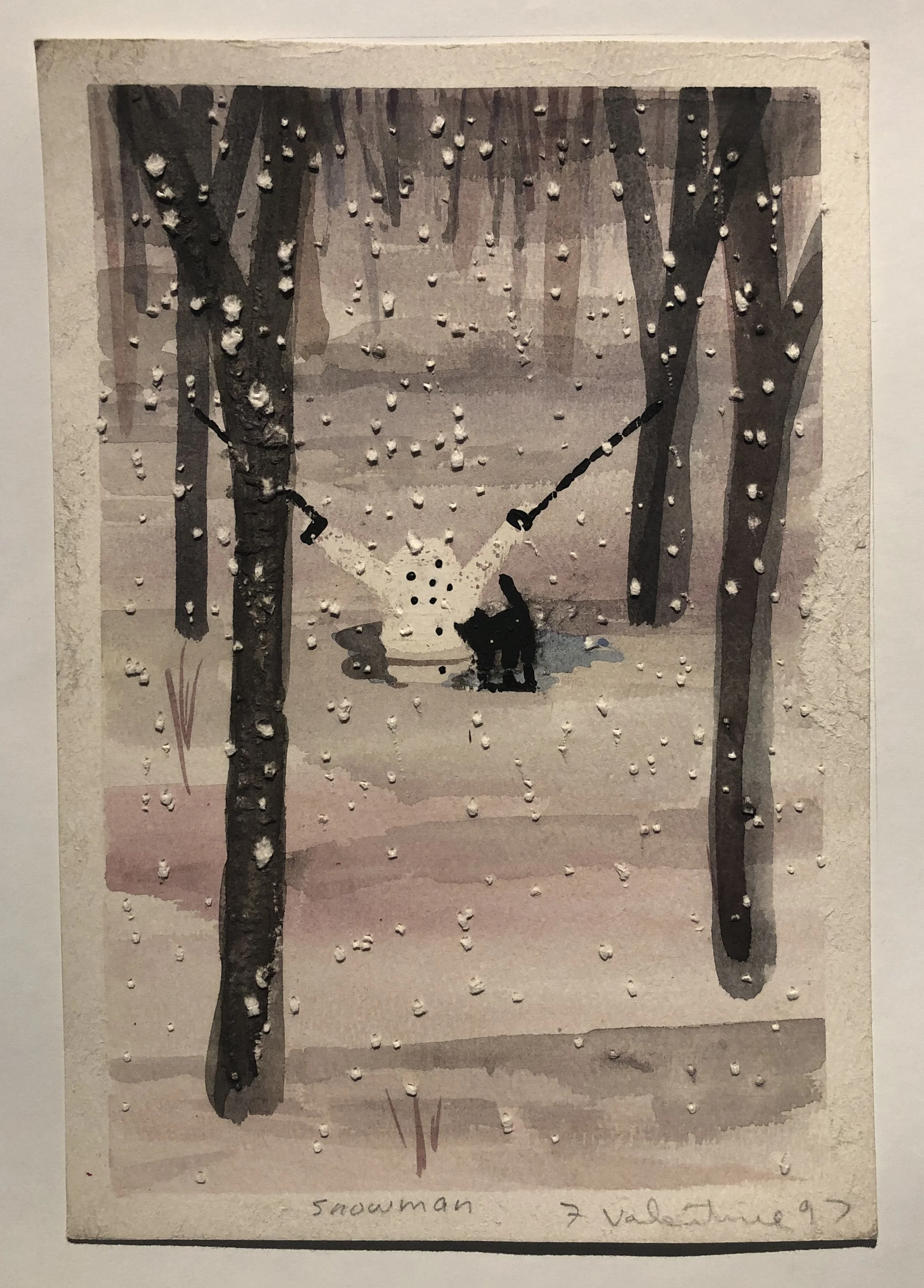 "Snowman" Gouache on disrupted paper, 10 1/2 x 7 1/2,  Unframed,  $225.00