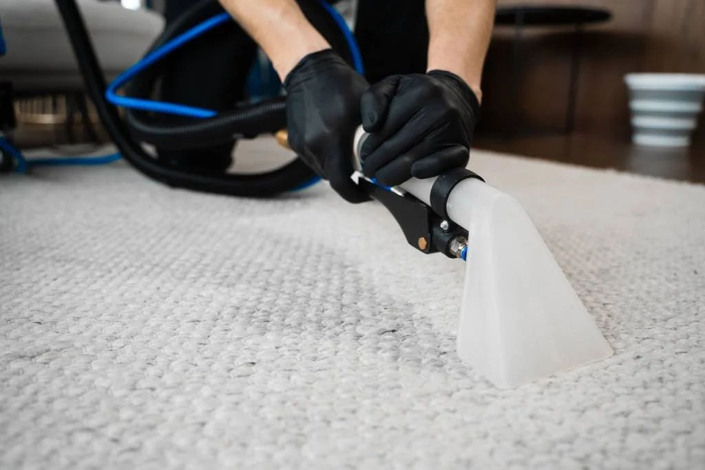 worker using extractor to wash off carpet