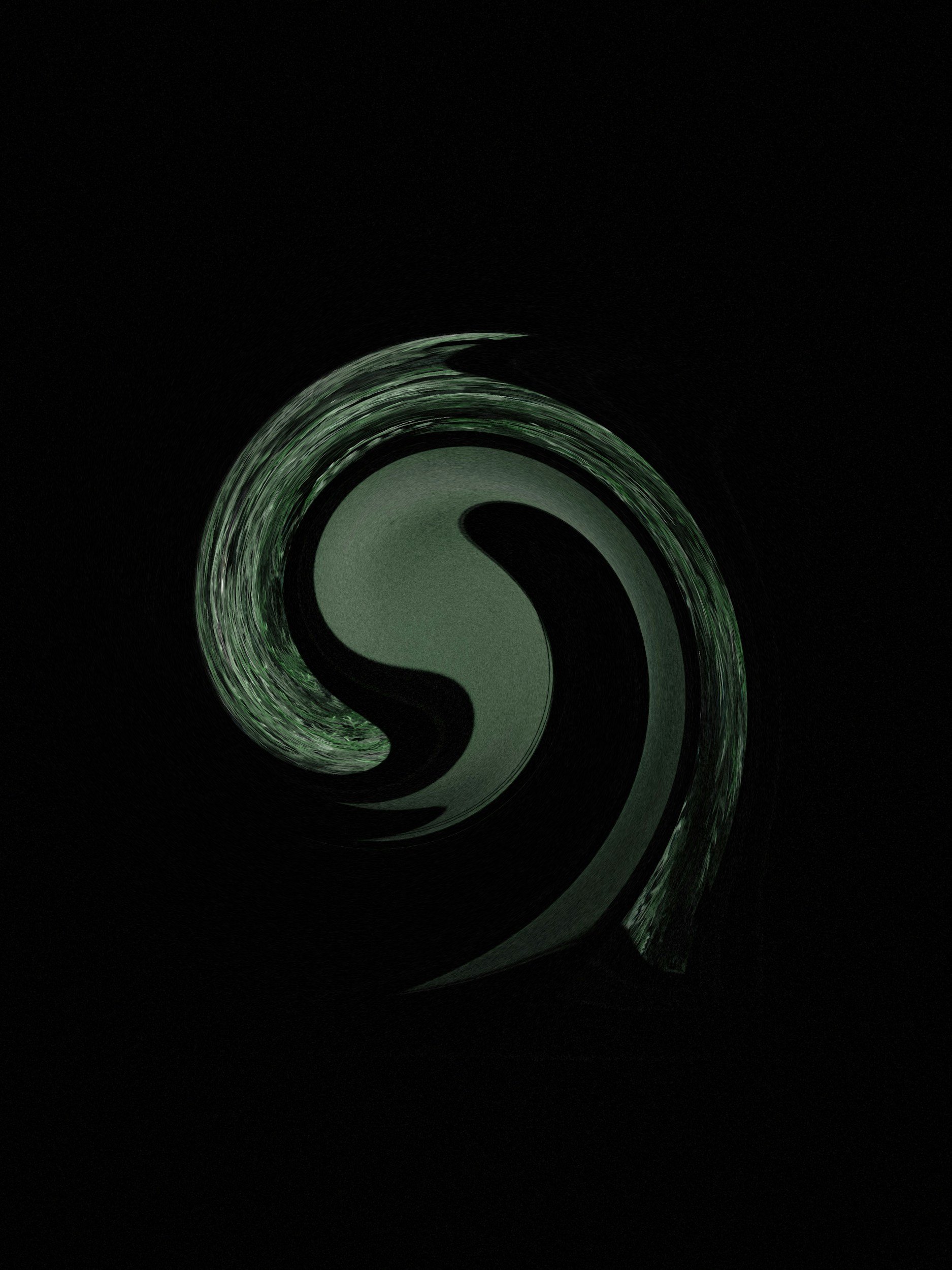 Abstract image of a swirling, yin-yang pattern in green and black on a black background.
