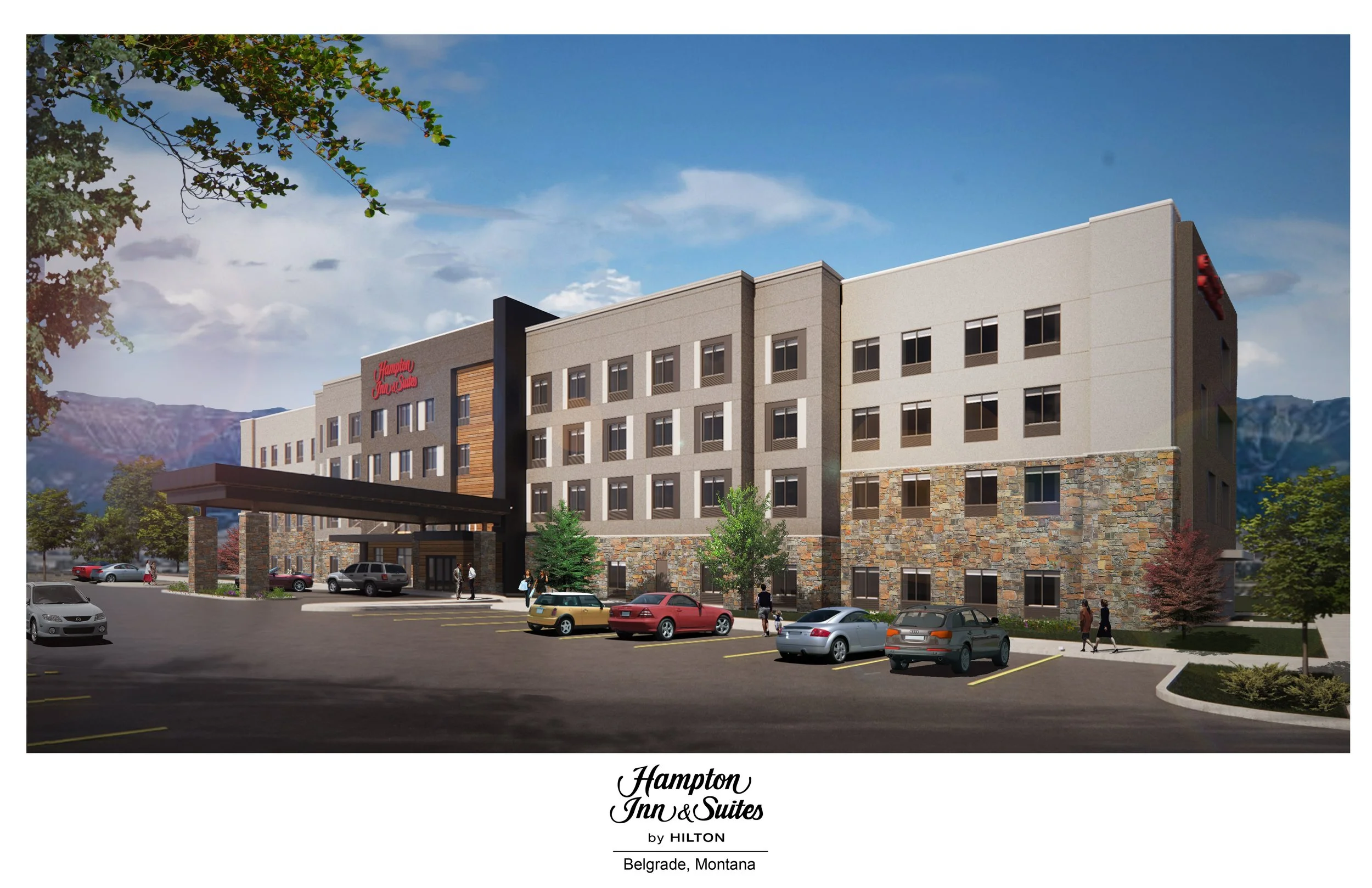 Exterior view of Hampton Inn & Suites hotel in Belgrade, Montana, with a parking lot full of cars, trees, and mountain background under a partly cloudy sky.