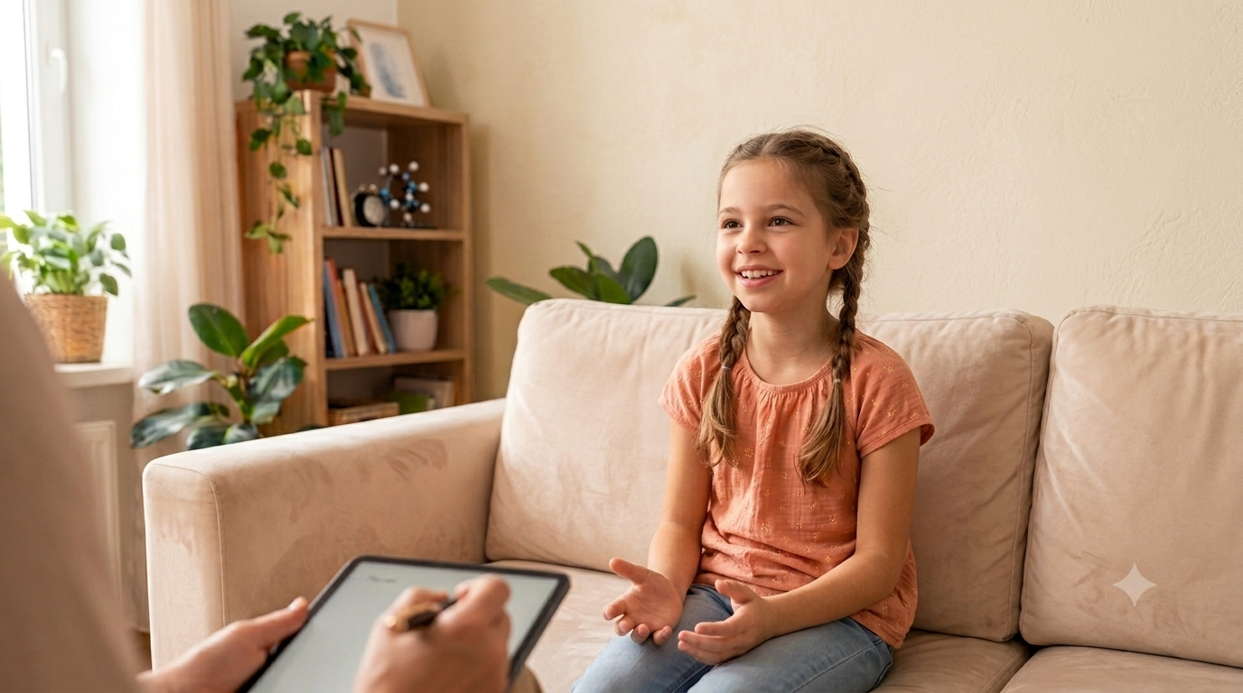Une jeune fille souriante, assise sur un canapé beige, lors d'une séance d'échange ou d'entretien avec une autre personne prenant des notes sur une tablette.