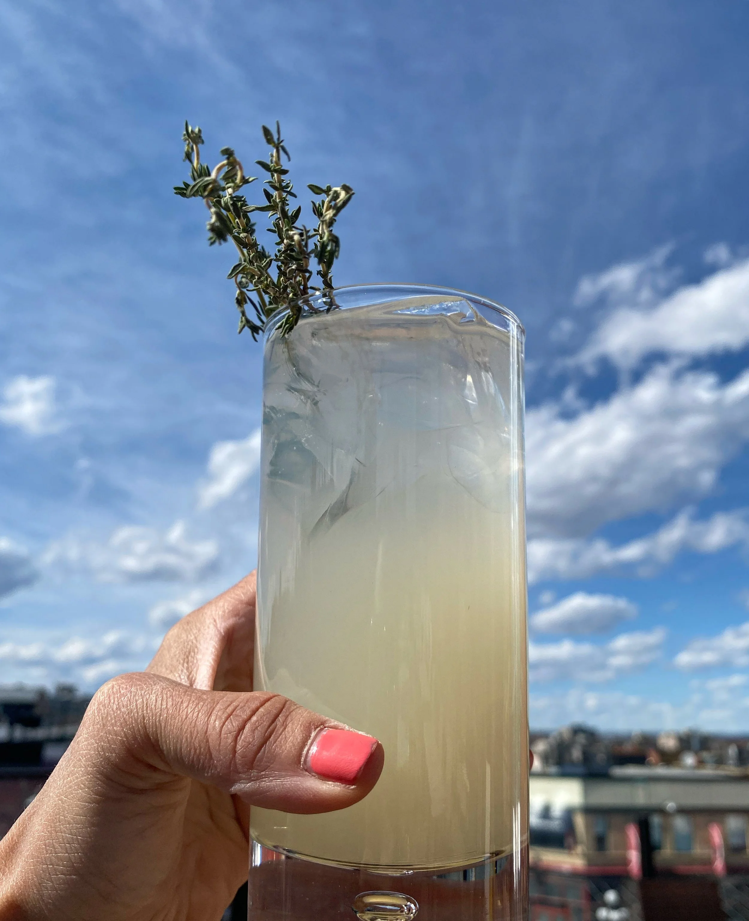 A hand with pink nail polish holding a clear glass of a light-colored beverage, with a sprig of herbs inside, against a backdrop of a blue sky with some clouds and distant city rooftops.