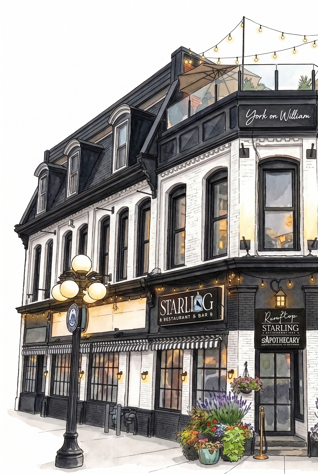A watercolor-style illustration of 54 York St Ottawa multi-story heritage building  'Starling' on the ground floor. private events space on the second level, a rooftop terrace with perfect views of the ByWard Market, copper sights of Ottawa