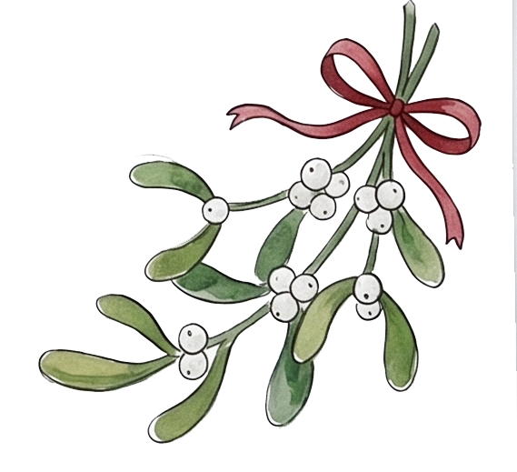 Watercolor illustration of mistletoe with green leaves, white berries, tied with a pink ribbon.