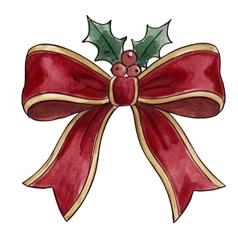 Illustration of a holiday bow with holly leaves and berries. christmas packages, holliday celebrations, christmas parties in ottawa
