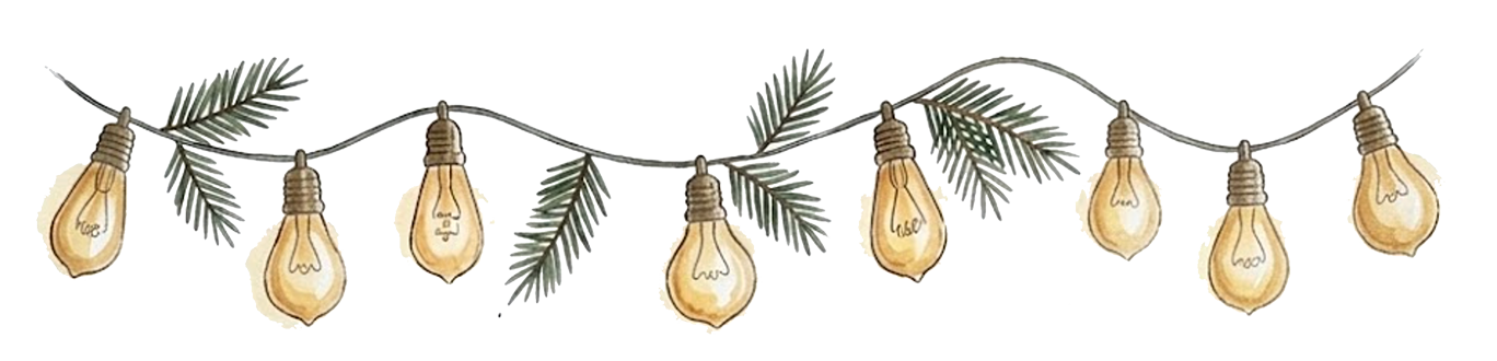 String of hanging vintage-style lightbulbs intertwined with pine branches.