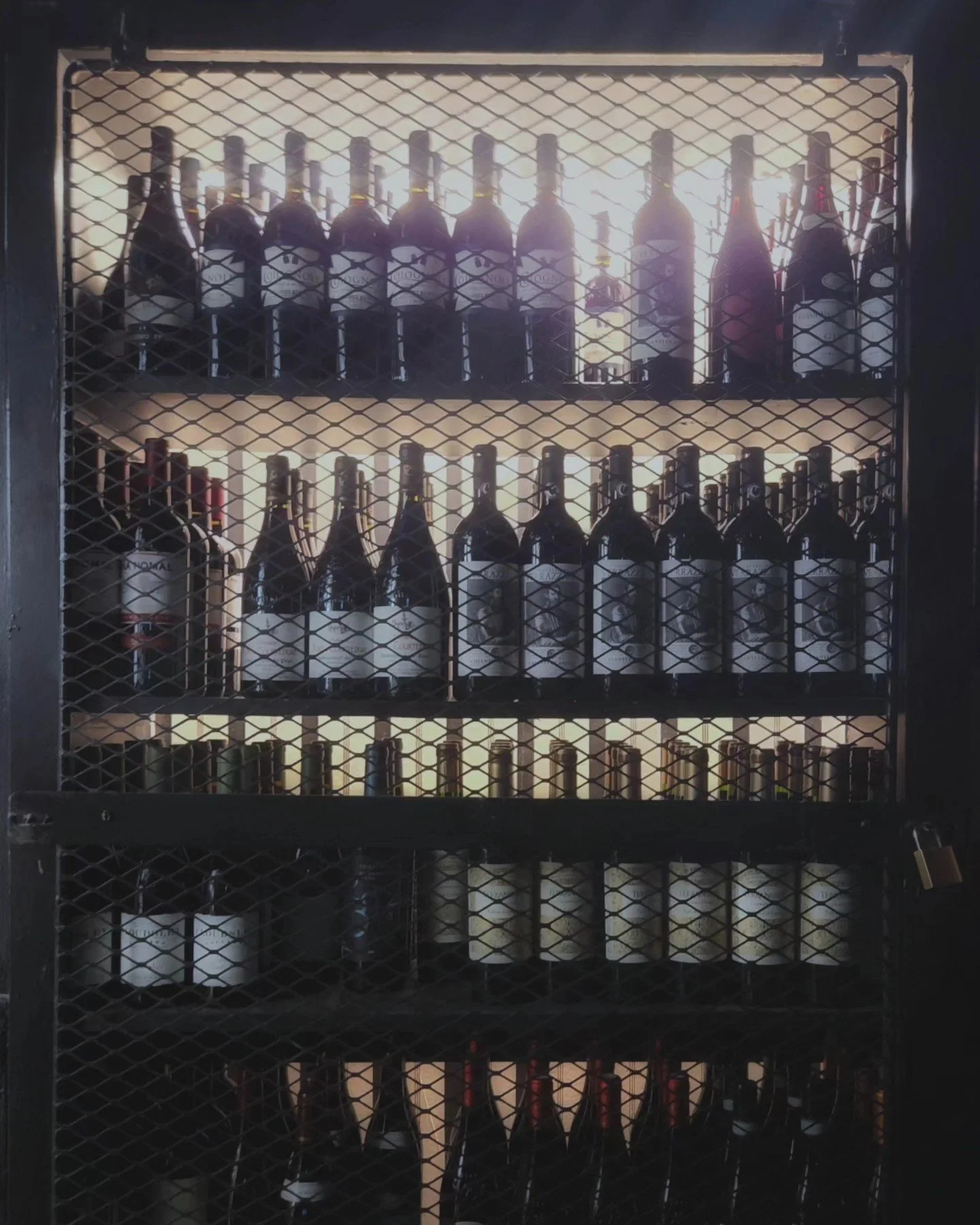 A black metal wine cooler with three shelves, holding multiple bottles of wine behind a wire mesh door. unique interior, unique bars Ottawa, best bars in Canada