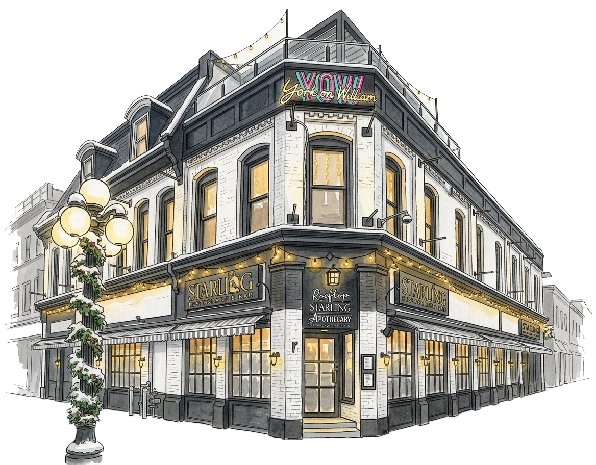Illustration of a four-story corner building with a bar and restaurant, festively decorated with string lights and holiday decorations, including a lamppost wrapped with greenery and ornaments, set against a partly gray sky.