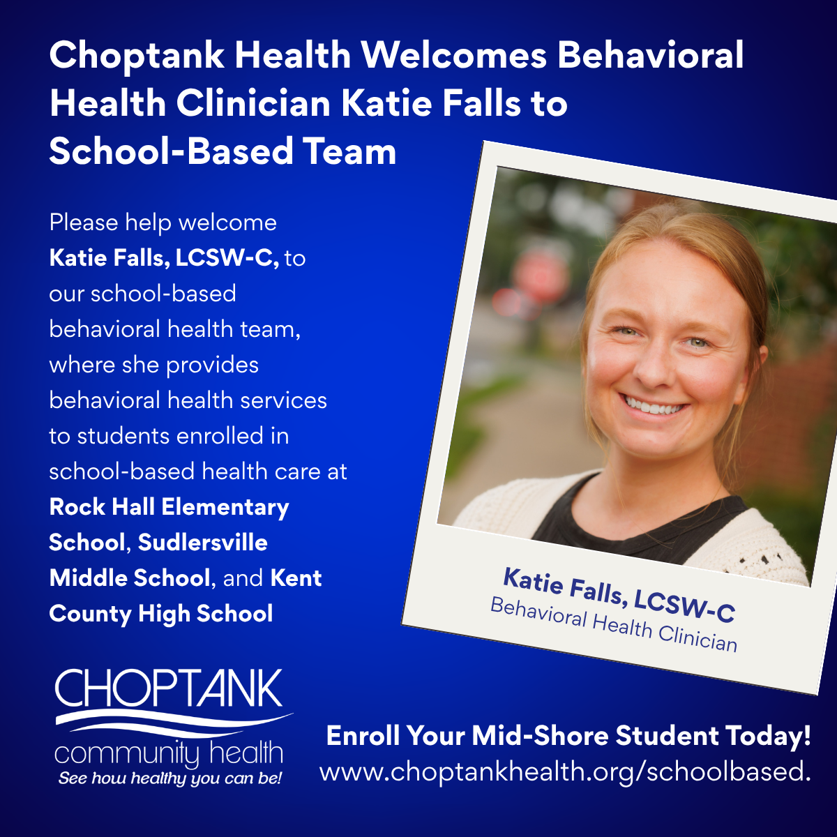 Choptank Health Welcomes Behavioral Health Clinician Katie Falls to School-Based Team