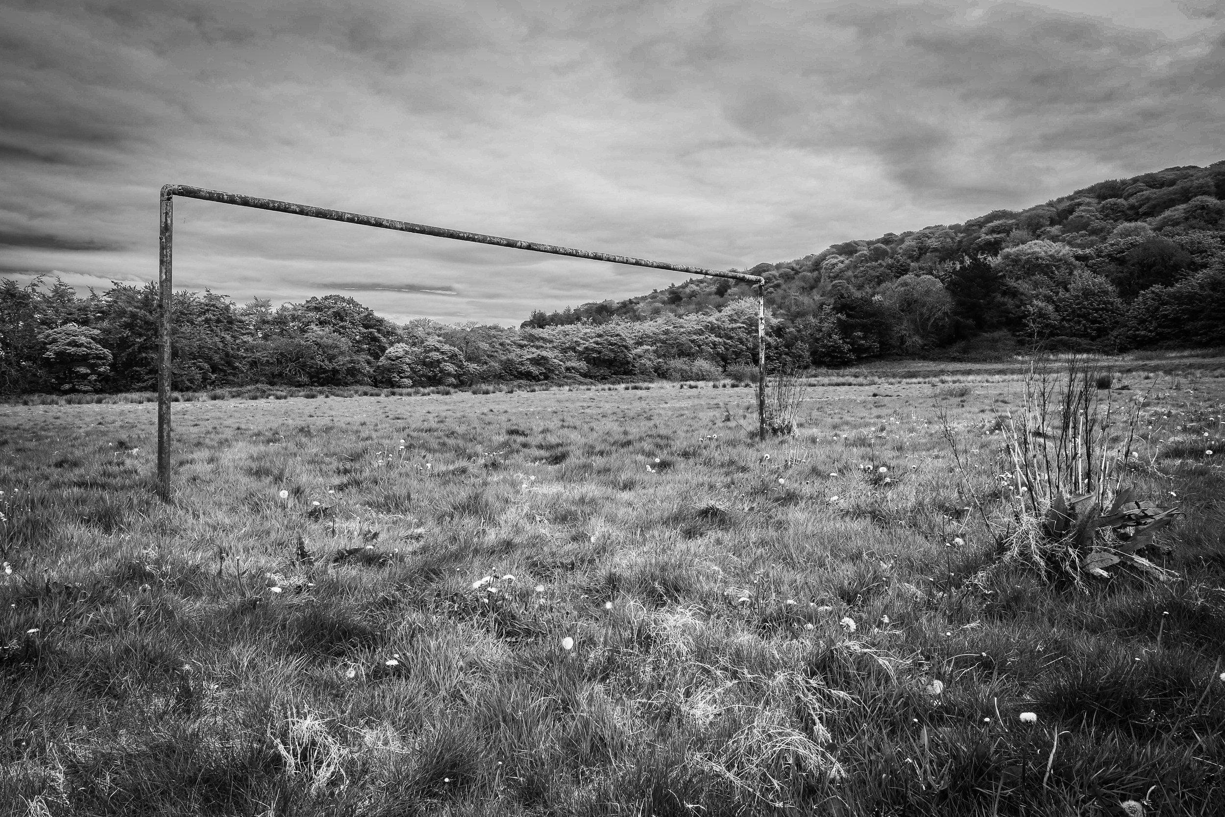 An old, rusty soccer goal post in a grassy field with wildflowers, surrounded by trees and hills under a cloudy sky.