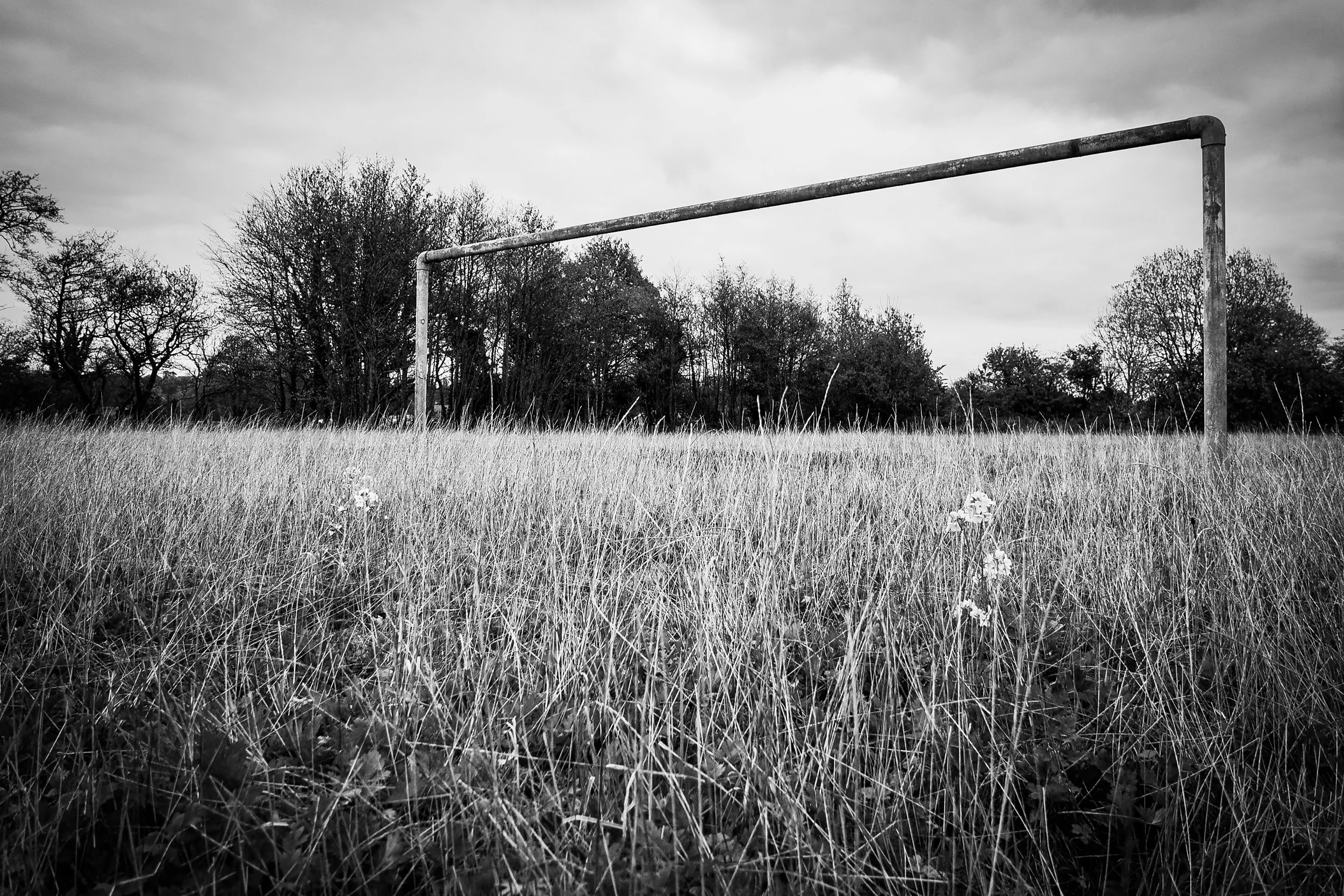 An empty soccer goal on a grassy field with trees in the background, black and white photography.
