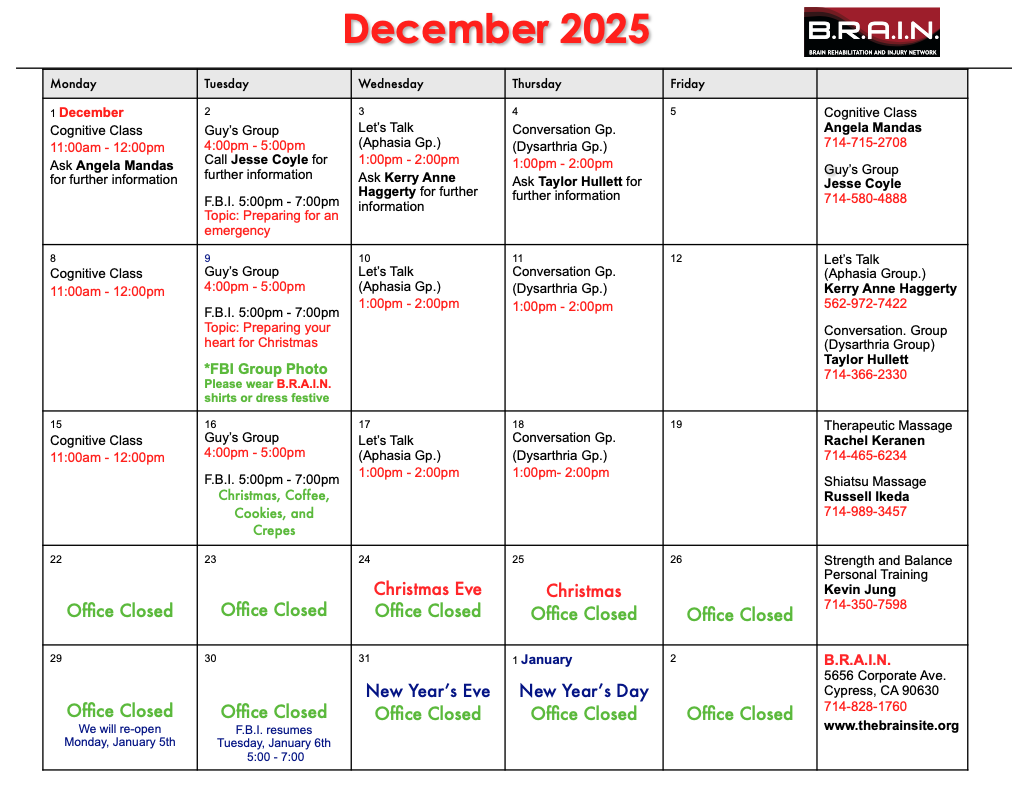 B.R.A.I.N. Monthly Class Calendar</a> 