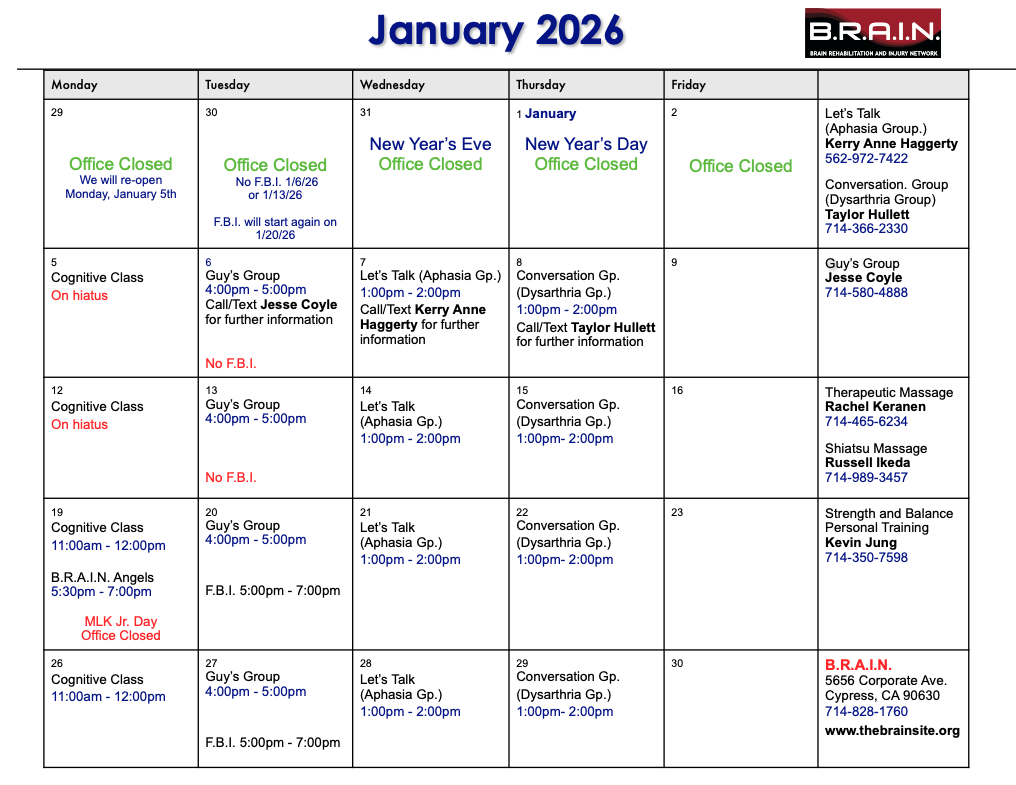 B.R.A.I.N. Monthly Class Calendar</a> 