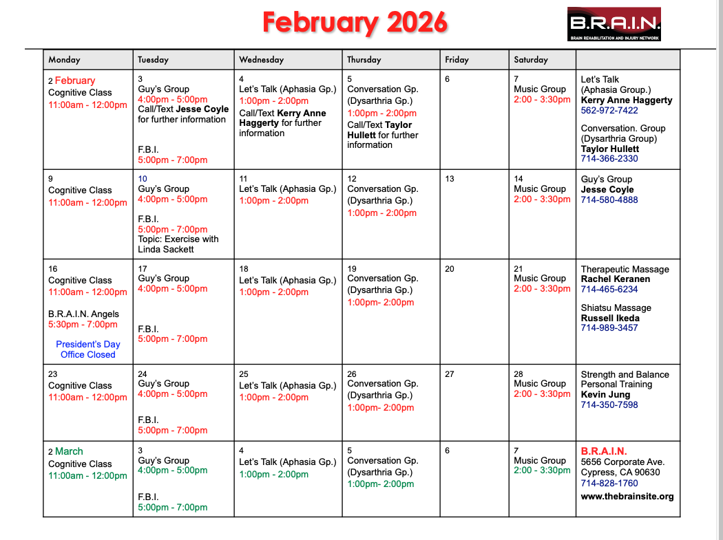 B.R.A.I.N. Monthly Class Calendar</a> 
