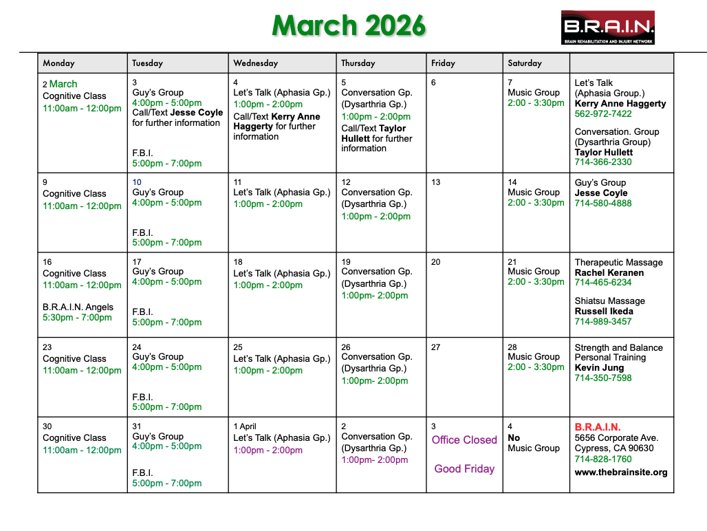 B.R.A.I.N. Monthly Class Calendar</a> 