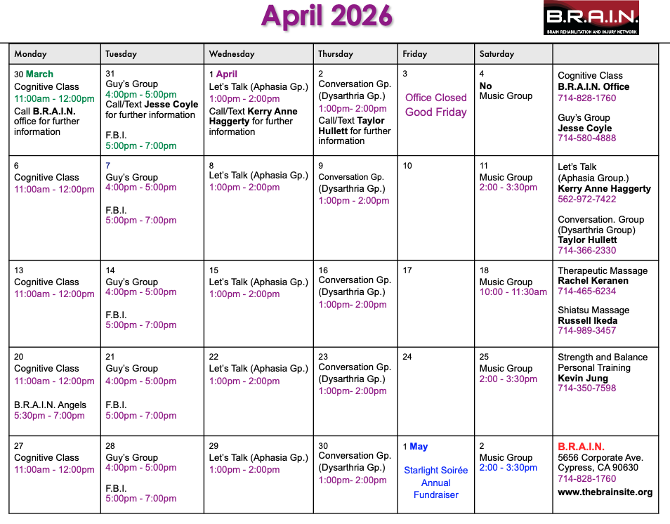 B.R.A.I.N. Monthly Class Calendar</a> 