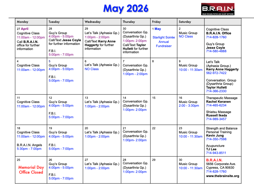 B.R.A.I.N. Monthly Class Calendar</a> 
