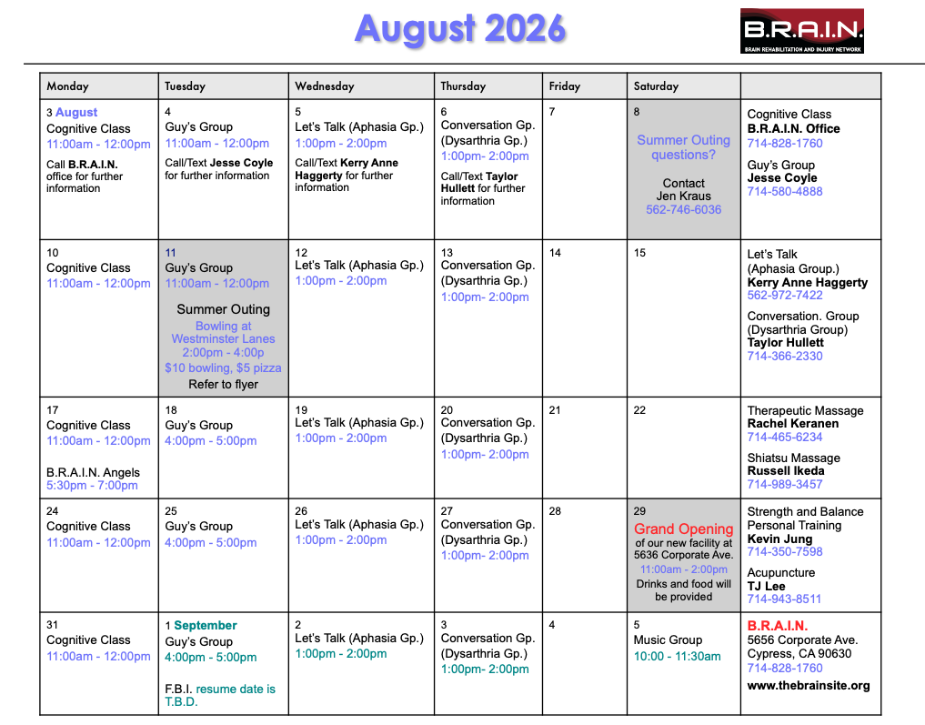 B.R.A.I.N. Monthly Class Calendar</a> 