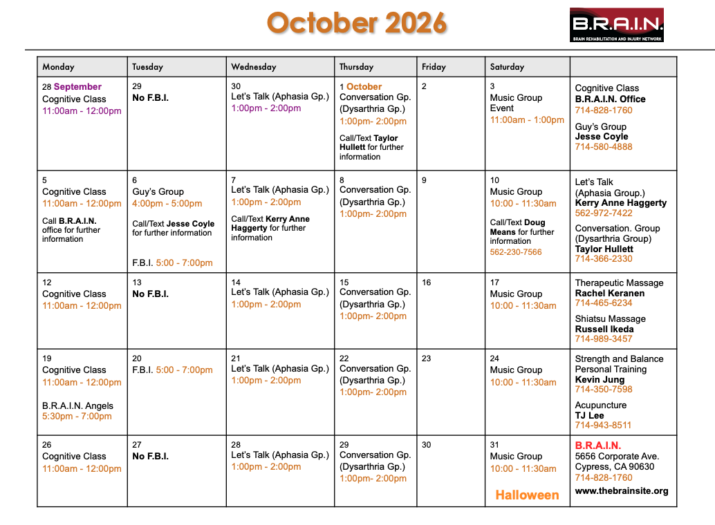 B.R.A.I.N. Monthly Class Calendar 