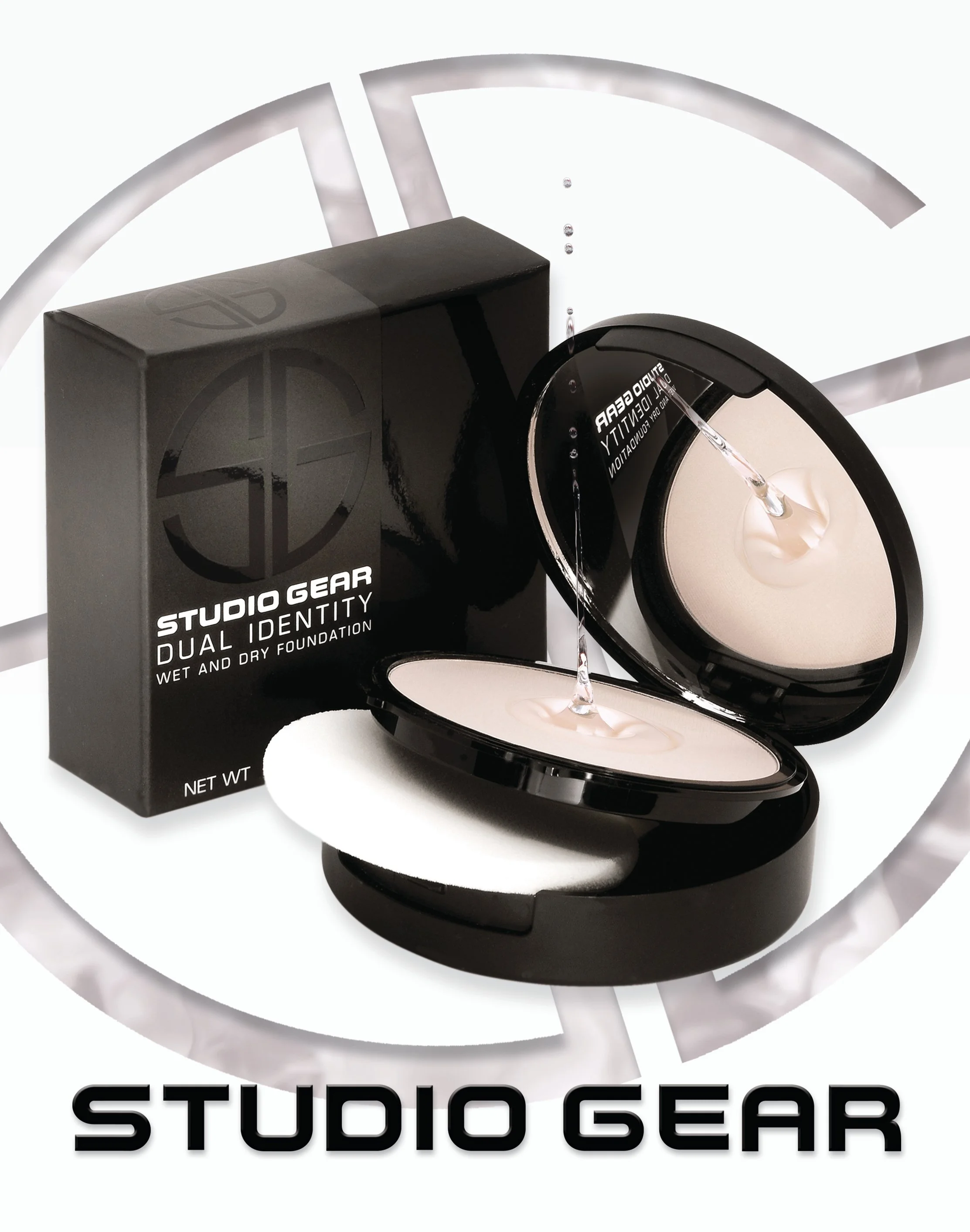 Studio Gear Dual Identity foundation compact open with liquid foundation tube, black packaging box in the background.