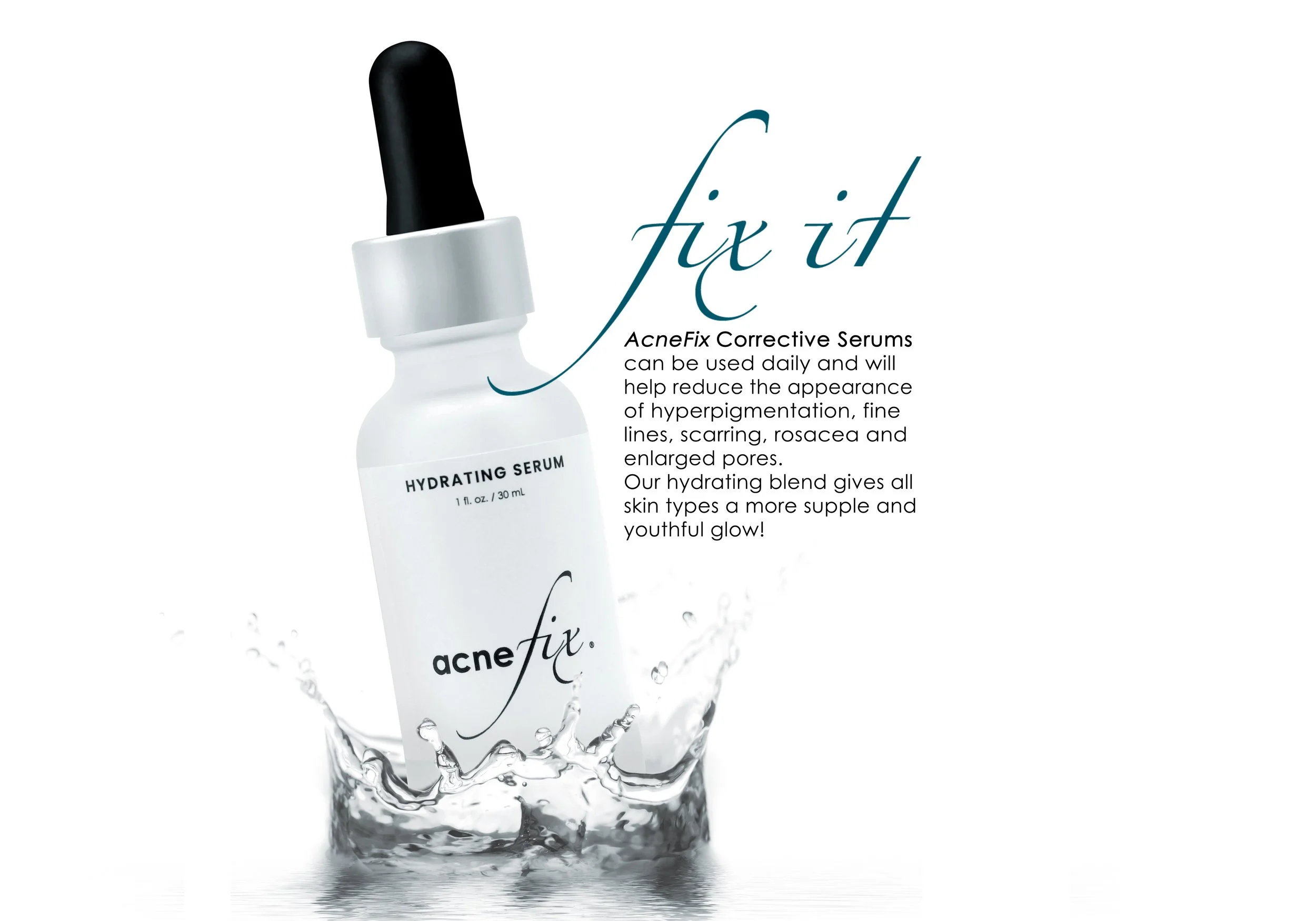 A white bottle of acne-fix hydrating serum with a black dropper cap, splashing water, and promotional text describing the product benefits for skin.