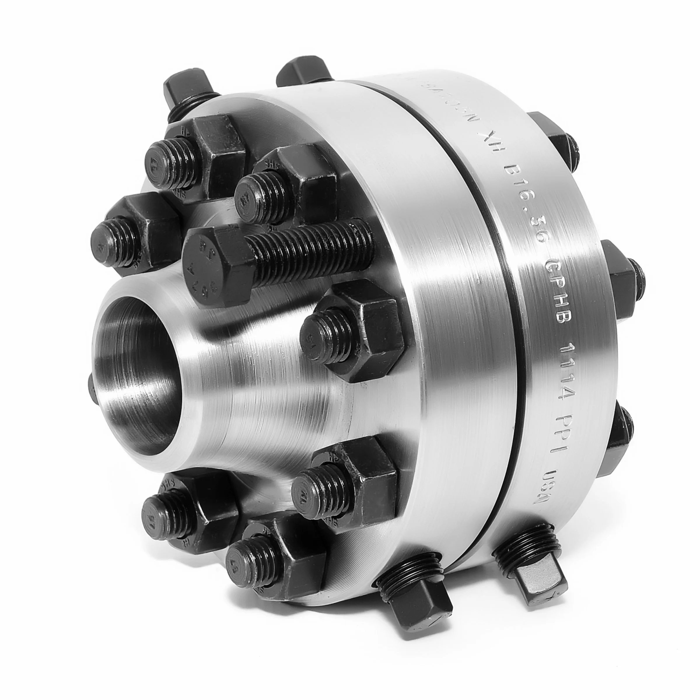 A close-up of a metallic hub adapter with black bolts.