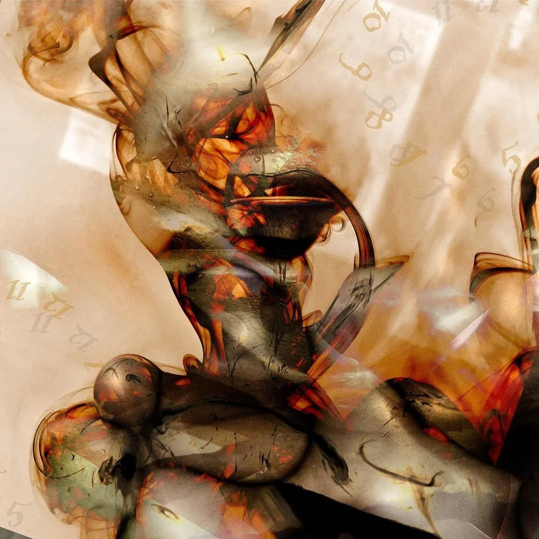 Tea Time – surreal digital artwork by J. Coleman Miller featuring layered abstract shapes, whimsical textures, and dreamlike representation of a tea ritual