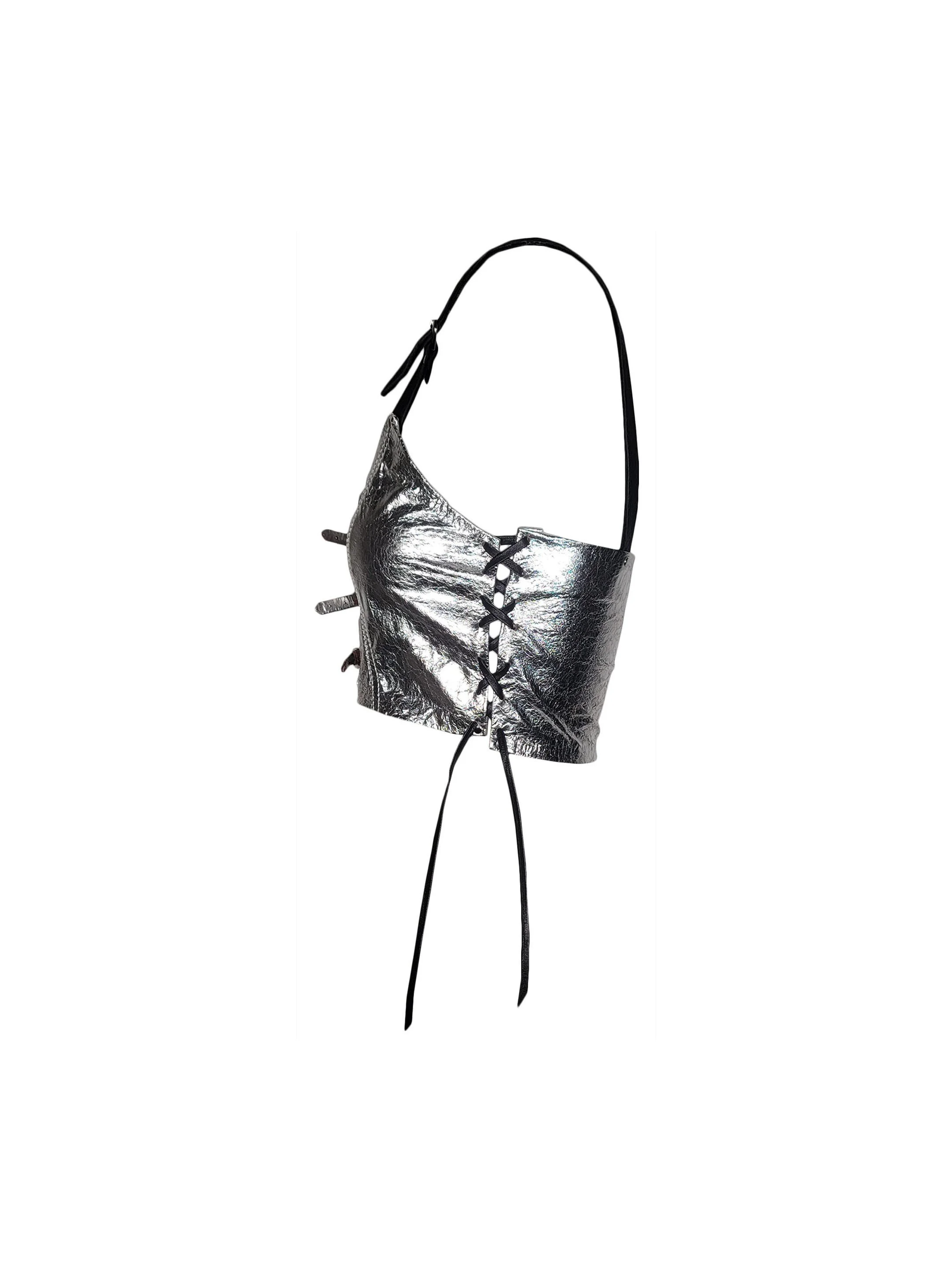 Leatheracci Authentic Womans Metallic Silver Buckle Top