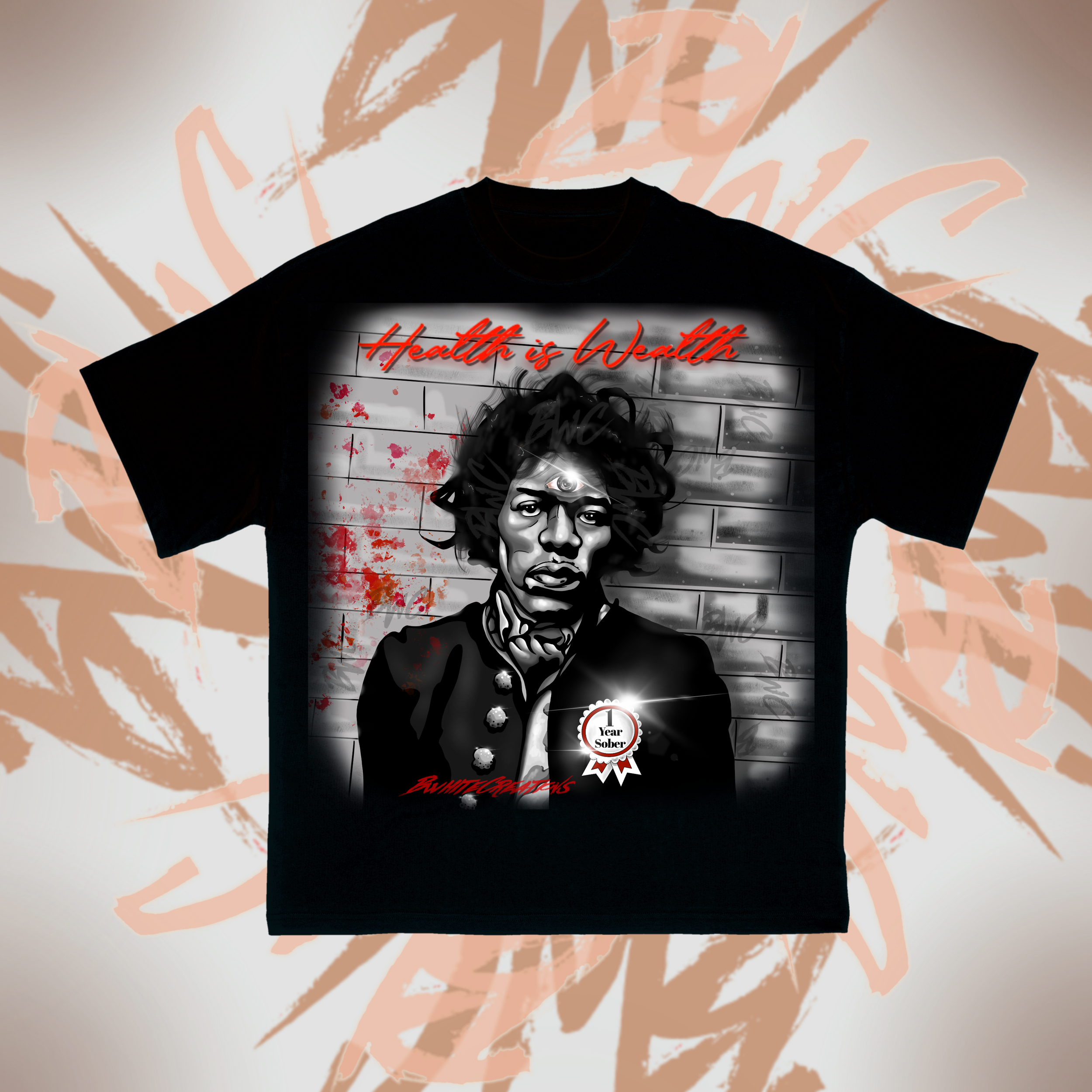 Jimi Hendrix "Health Is Wealth" tee (Black/ red outline)