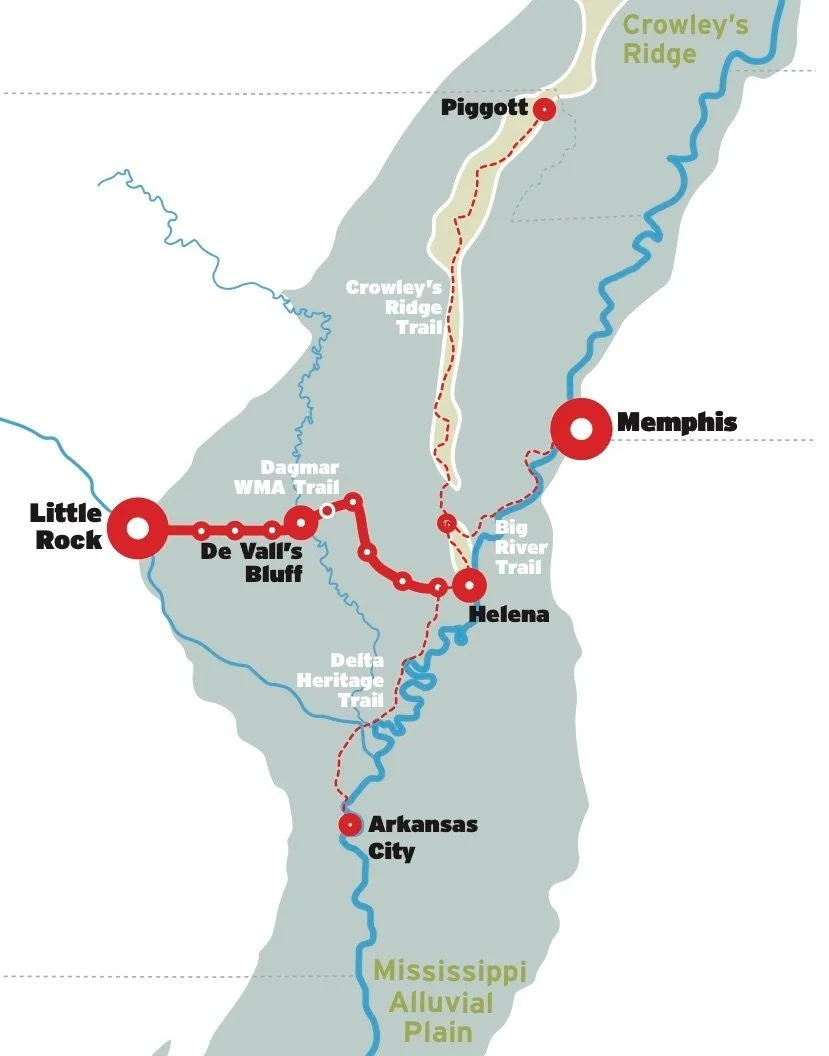 Map showing the Crowley's Ridge Gravel Trail connecting Little Rock, Arkansas City, Helena, Memphis, Piggott, and other points in Arkansas and Missouri.
