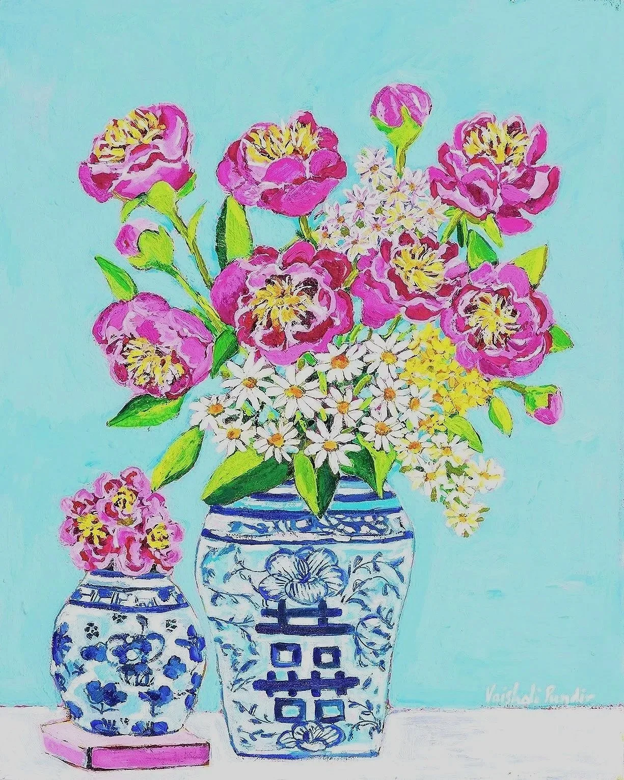 Peony Pop, ( 11" x 15")  Acrylics on board