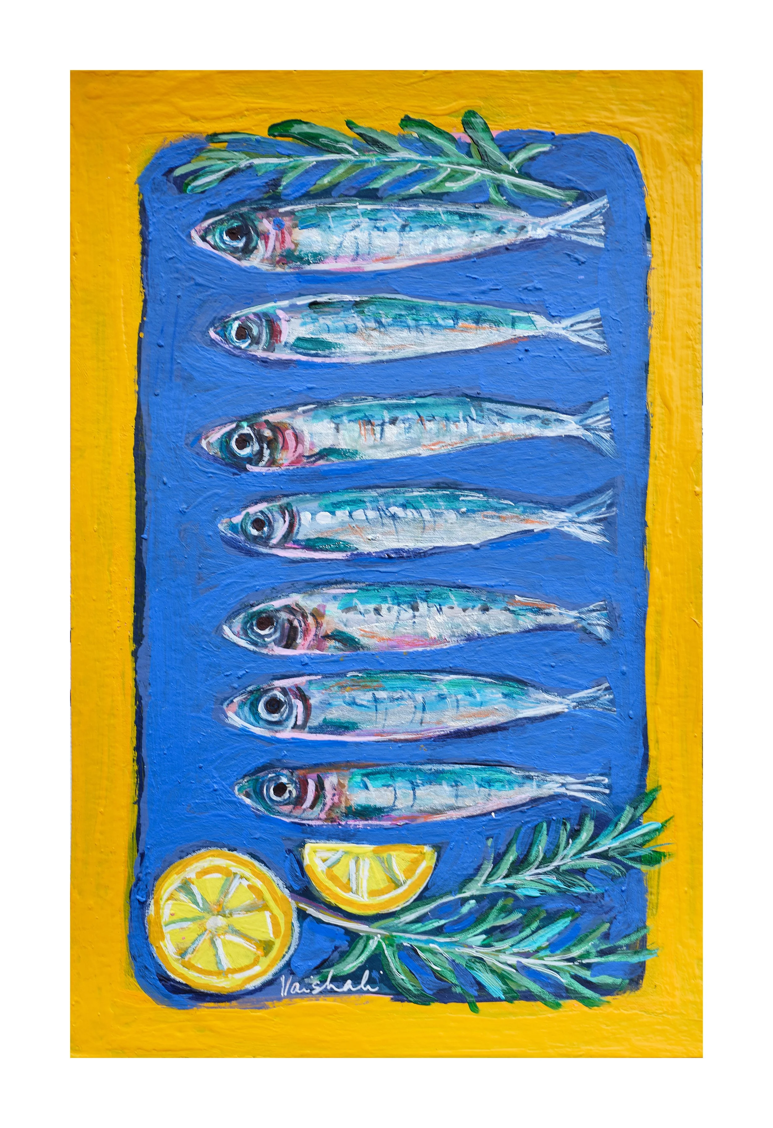 Sardines, acrylics on paper, 5 x7 