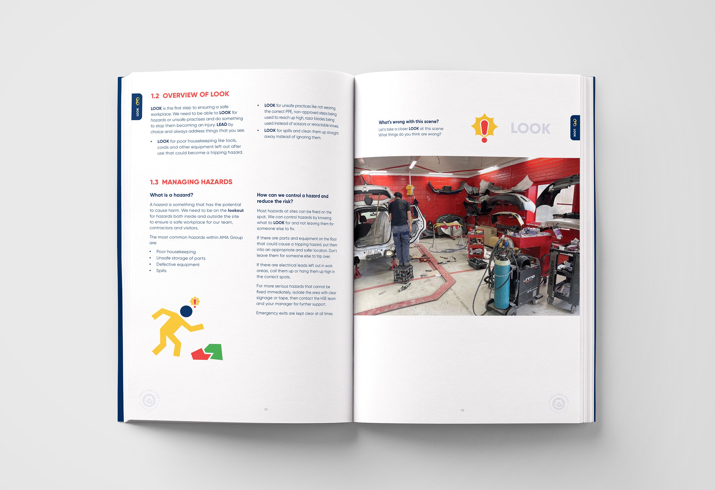 Open book showing safety instructions and a photo of a car workshop with equipment and car parts.