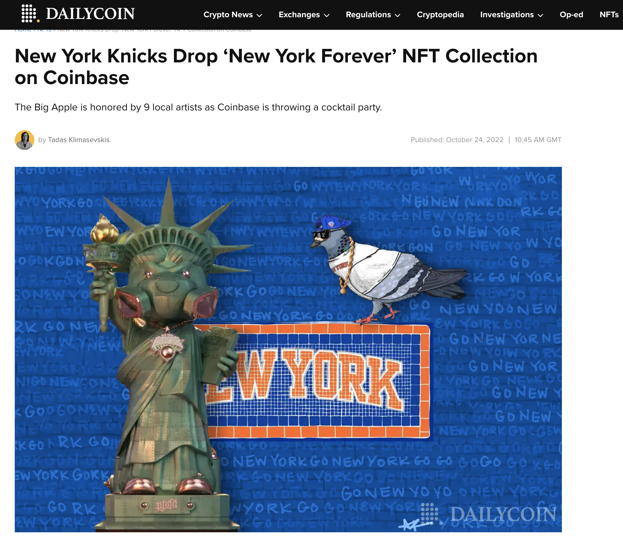 DailyCoin article about Coinbase x Knicks NFT collection.