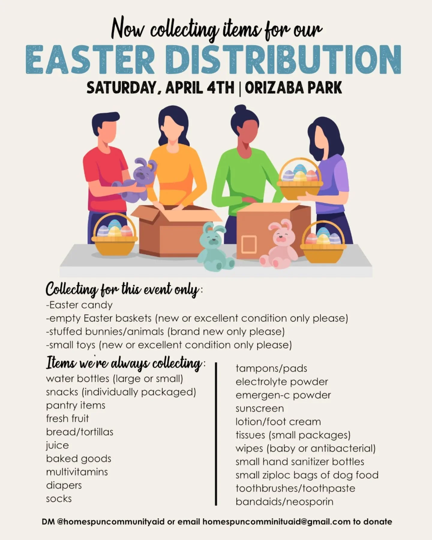 Our next distribution is going to be a special one! Help us collect items for Easter baskets! 🐣🐇🌷

Feel free to DM us if you have any questions or would like to coordinate a donation!