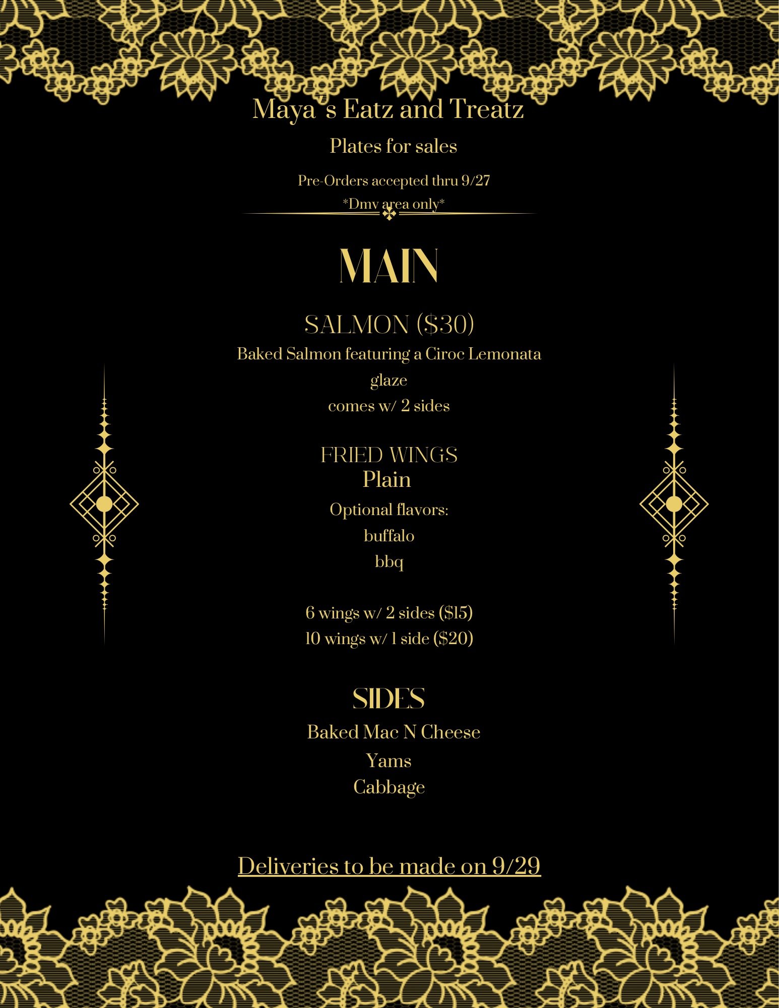 Black and gold decorated menu for Maya's EatZ and TreatZ featuring main dishes, sides, and delivery date.