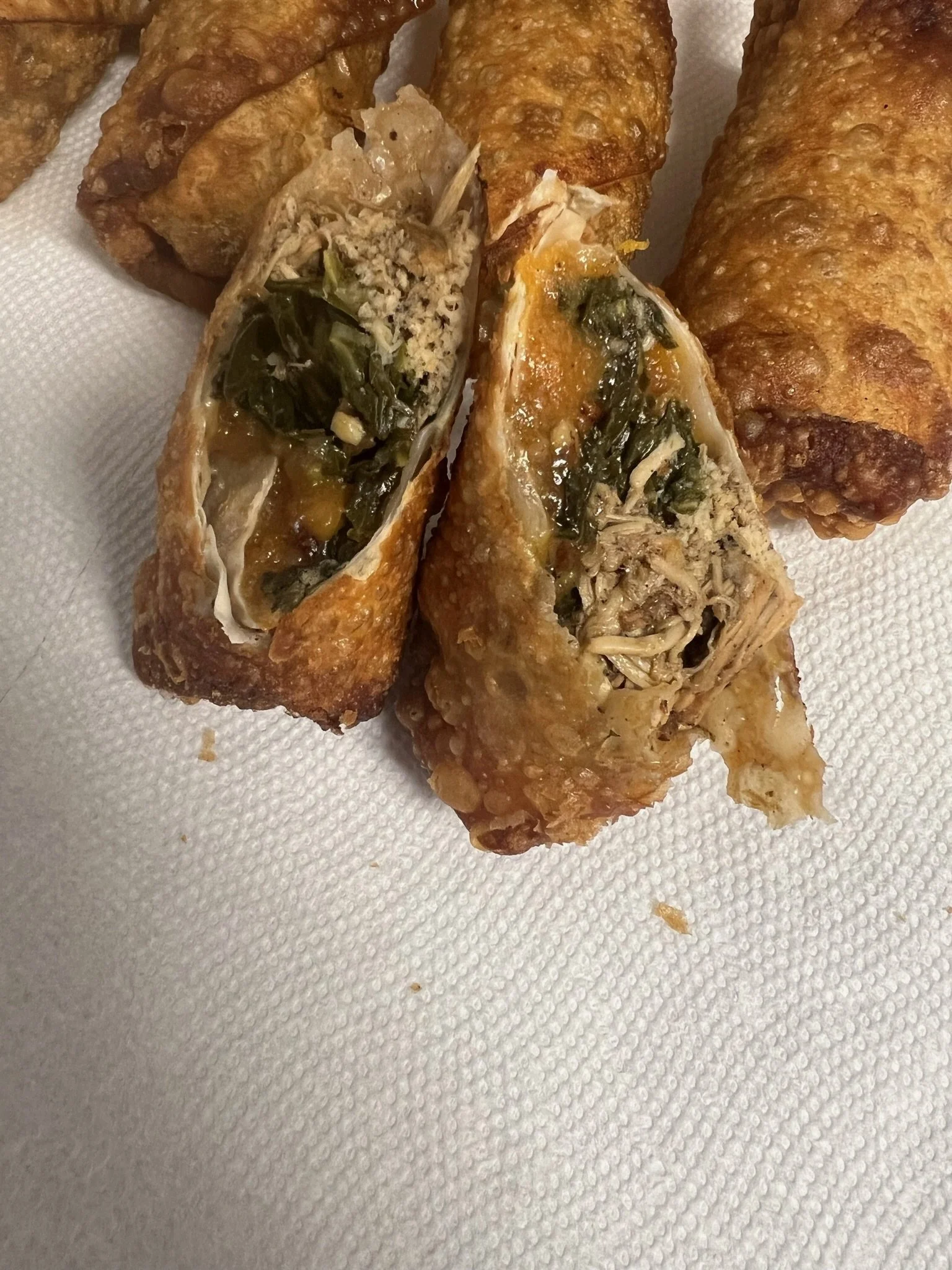 Jerk Chicken, Collard Greens, and Sweet Potato Eggrolls