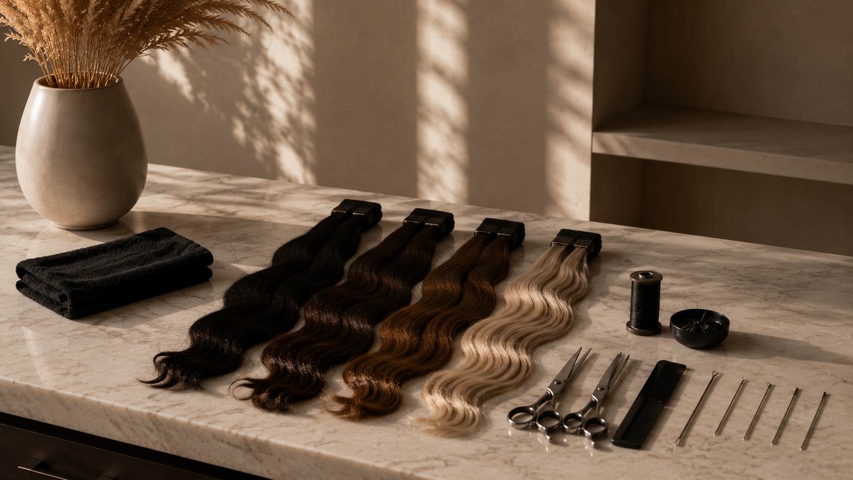 Salon styling setup with hair extensions and tools