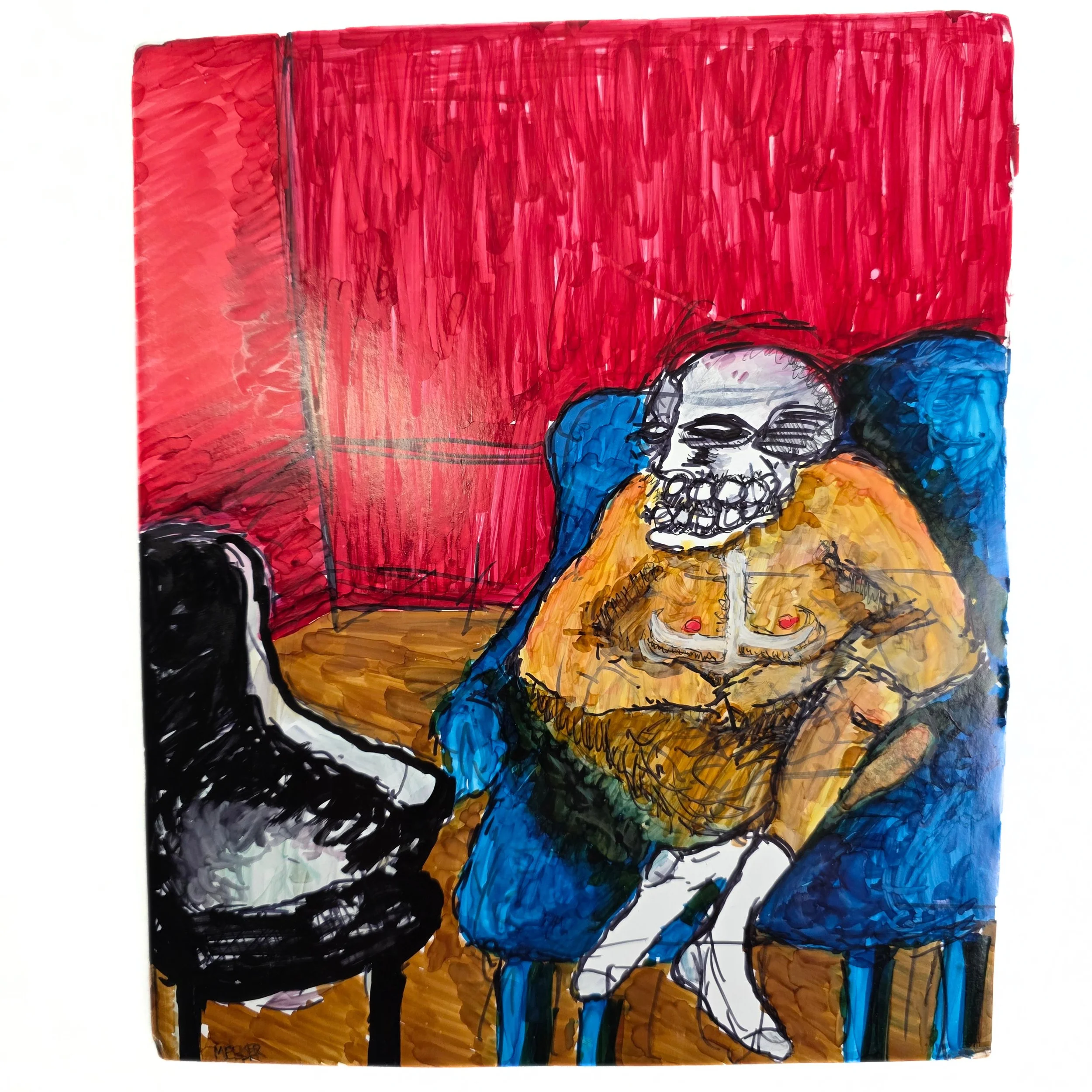 "Sitting skull man" Original Meeler Drawing 2023 9x11in