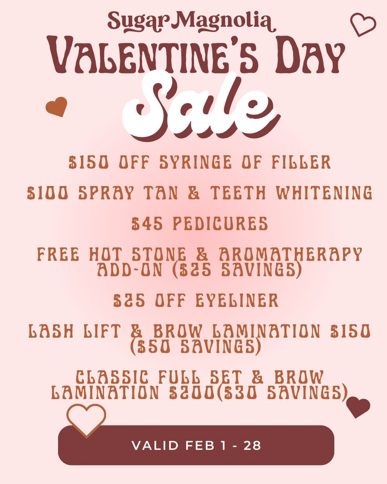 💕 Valentine&rsquo;s Deals 💕
Treat yourself (or someone you love) to a little self-care. Our Valentine&rsquo;s specials run from February 1&ndash;28 ! Book now and give yourself something to love. ✨💖