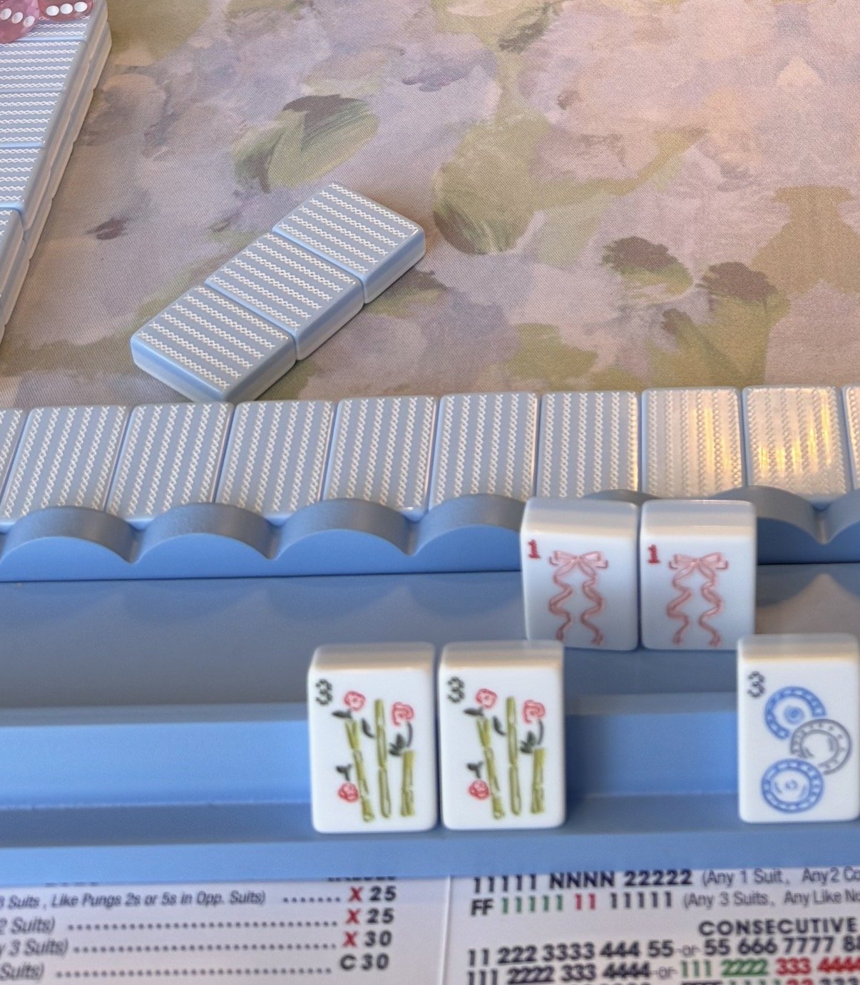 Hydrangeas, bows, and needlepoint.