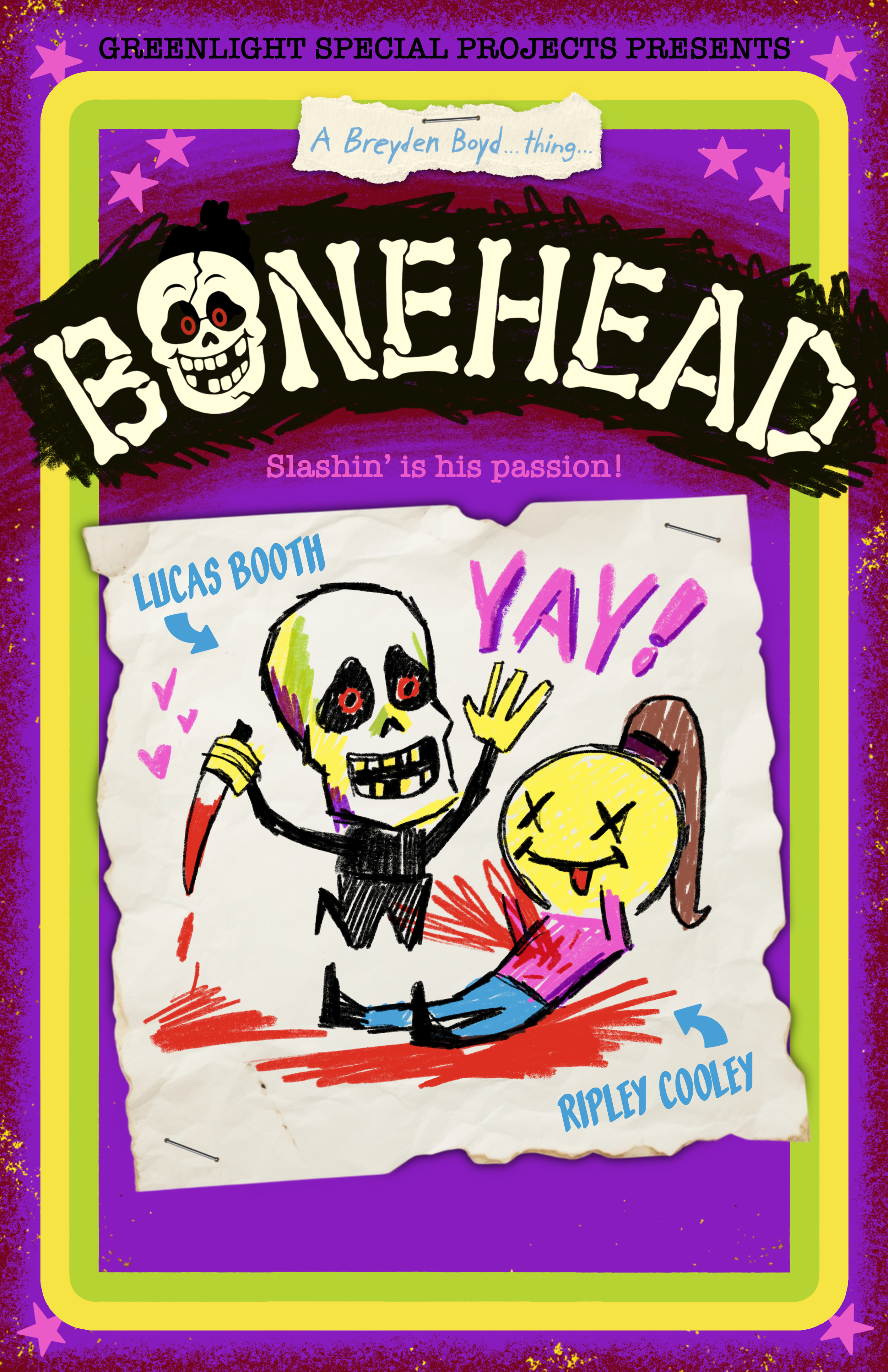 Poster for the horror movie 'Bonehead'. It depicts a childish doodle of a skull-masked murderer celebrating his latest kill. Text includes the title 'Bonehead', 'A Breyden Boyd...Thing...", and the tagline 'Slashin' is his passion!'