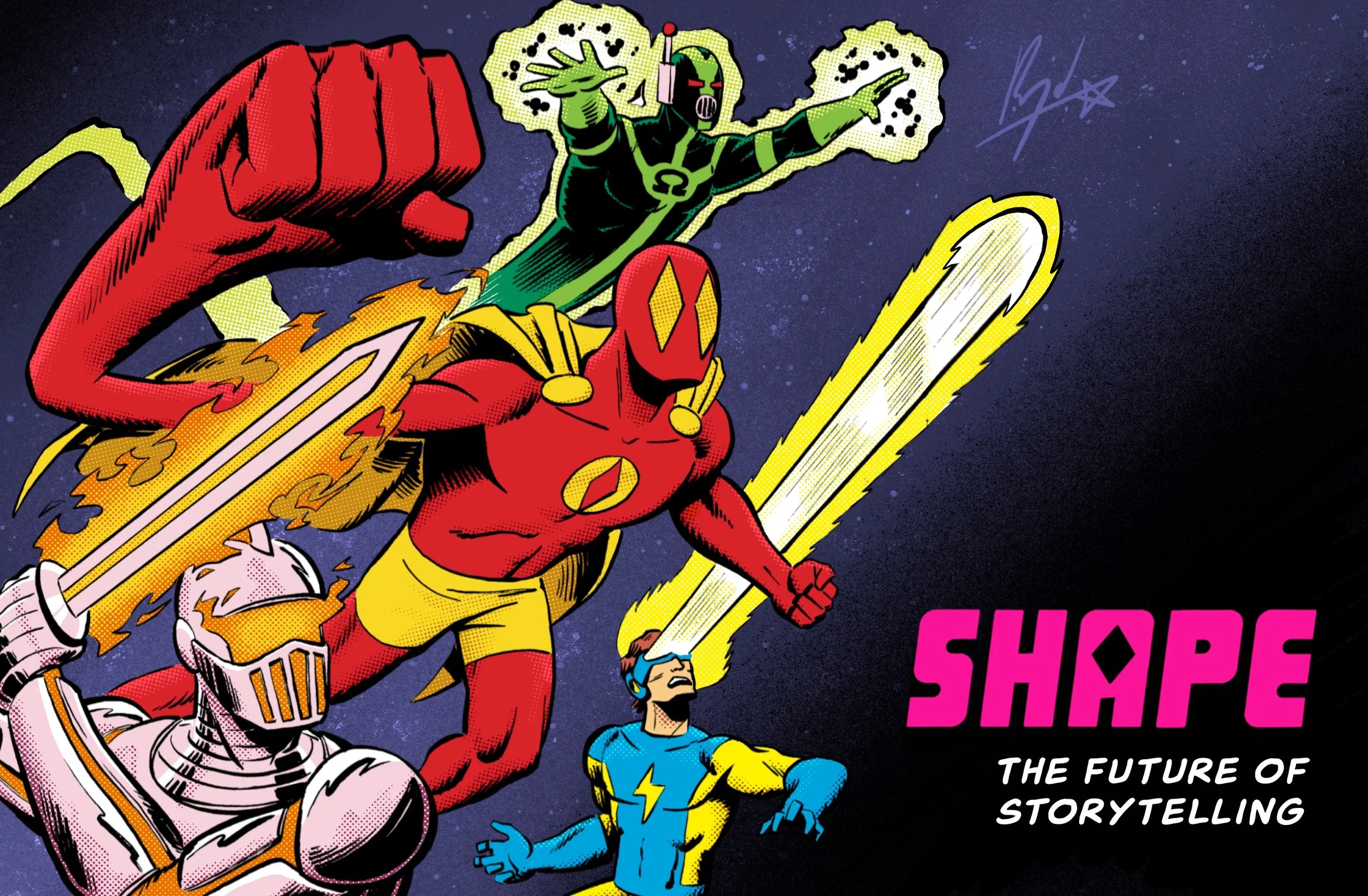 Comic-style illustration of superheroes flying through space drawn by Breyden Boyd. It features the core four of his superhero universe: Shape-Man, Omega, Forge, and Surge. The text on the image reads, 'SHAPE: THE FUTURE OF STORYTELLING'.