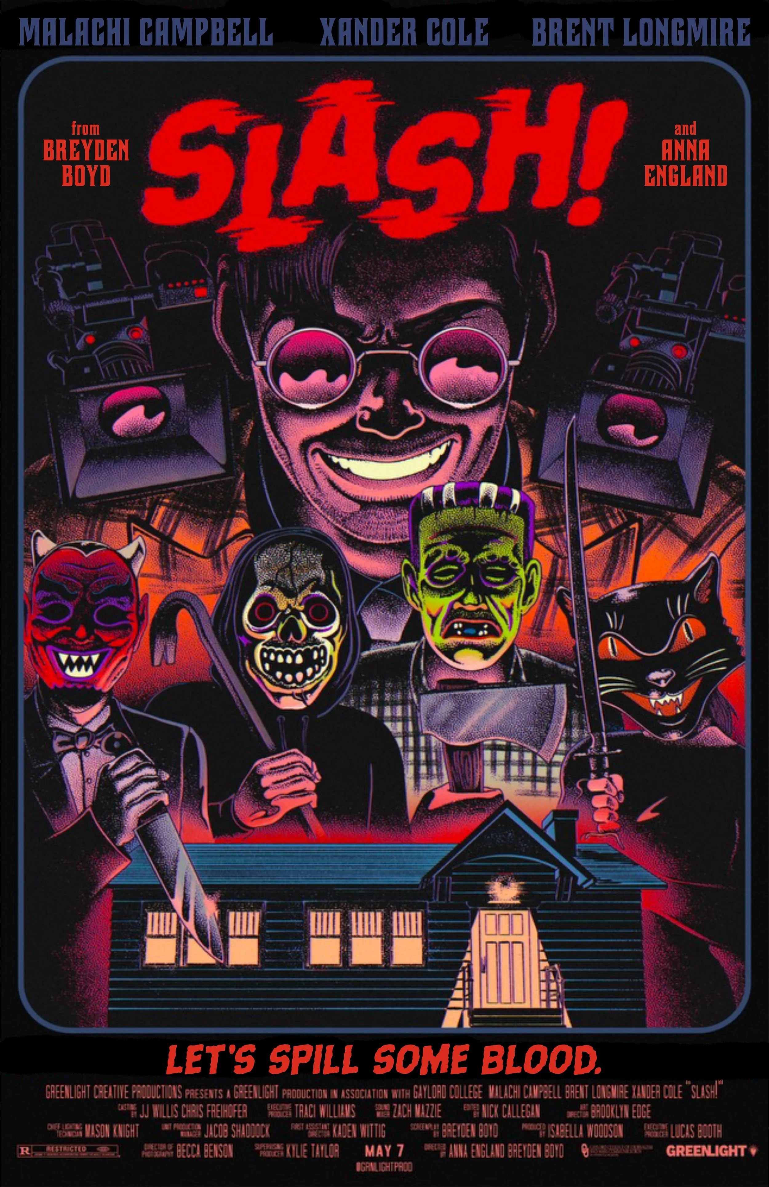 Poster for the horror movie 'Slash!'. The murderous killers are looming over the house of the main character. Text includes the title 'Slash!', tagline 'Let's Spill Some Blood,' and cast and production credits.