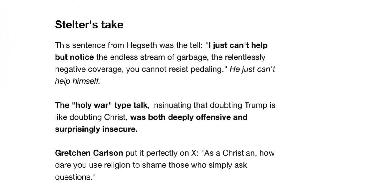 I&rsquo;ll take my theology lessons from my minister&hellip; not Secretary of Defense Pete Hegseth &mdash; shaming reporters for asking questions about the Iran war. If you ask questions it doesn&rsquo;t mean you&rsquo;re not a Christian nor that you