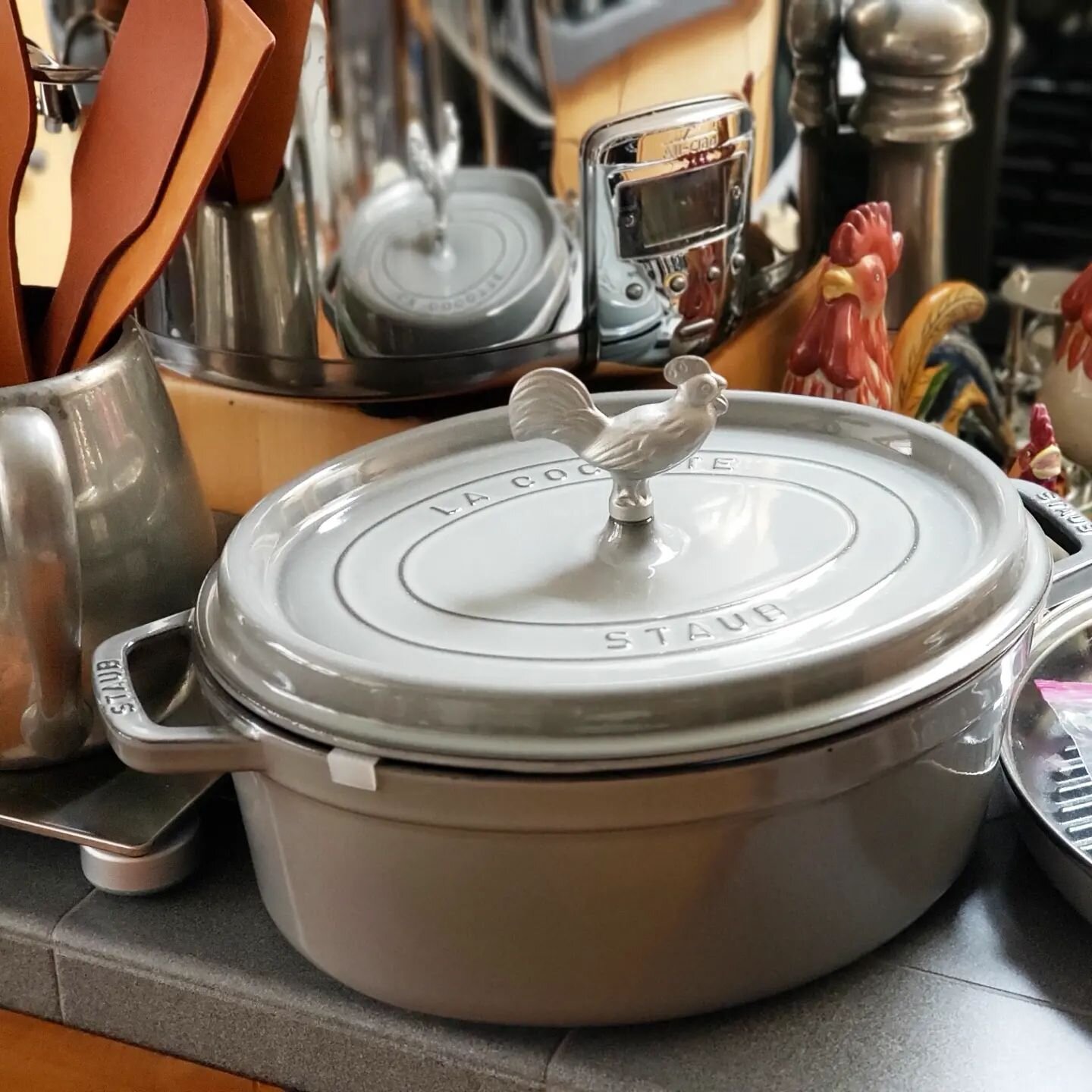 In addition to so much awesome vintage (Bauer! Roseville! Pyrex! Fire King! Jadeite!), we have many, many quality brands too (Demeyere! All-Clad! Sur la Table! Staub! Revere Ware! Birkenstock!), new &amp; unused! 🙌
.
This mega estate sale **opens ea